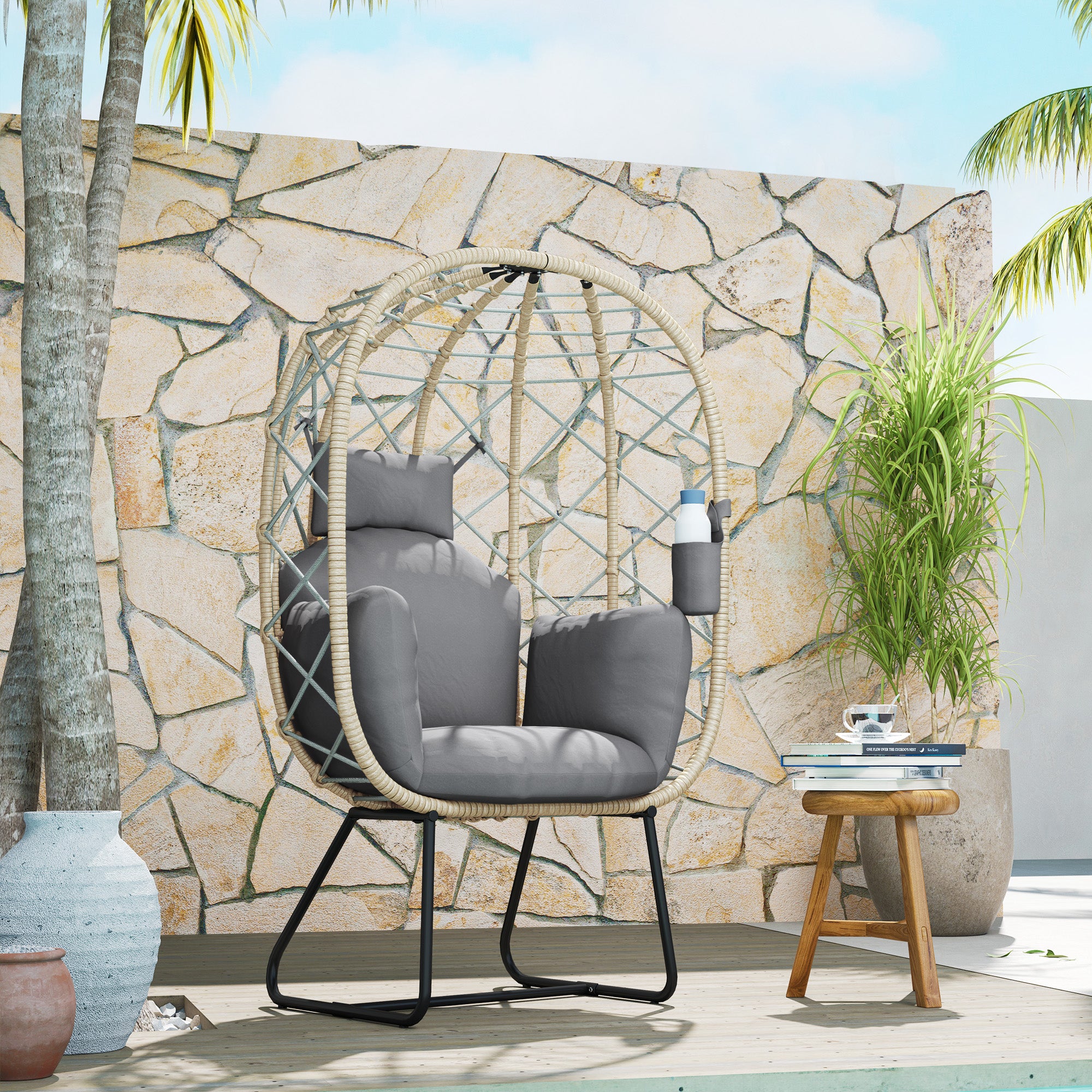 Rattan Egg Chair Standing Outdoor Indoor Wicker with Thickened Cushion, Grey