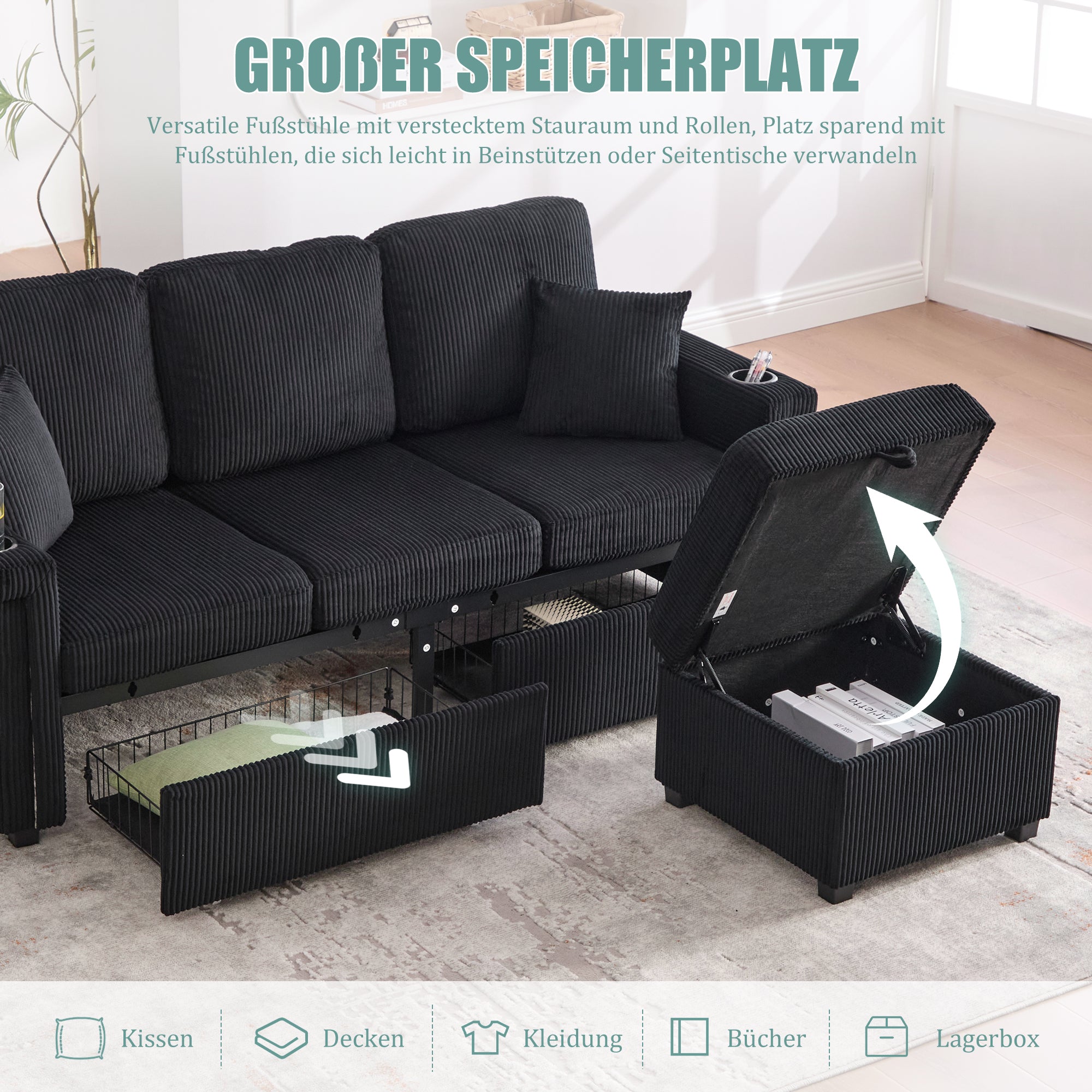 Velvet Sofa with LED & USB-C, Storage Footrest, Cup Holders, Black