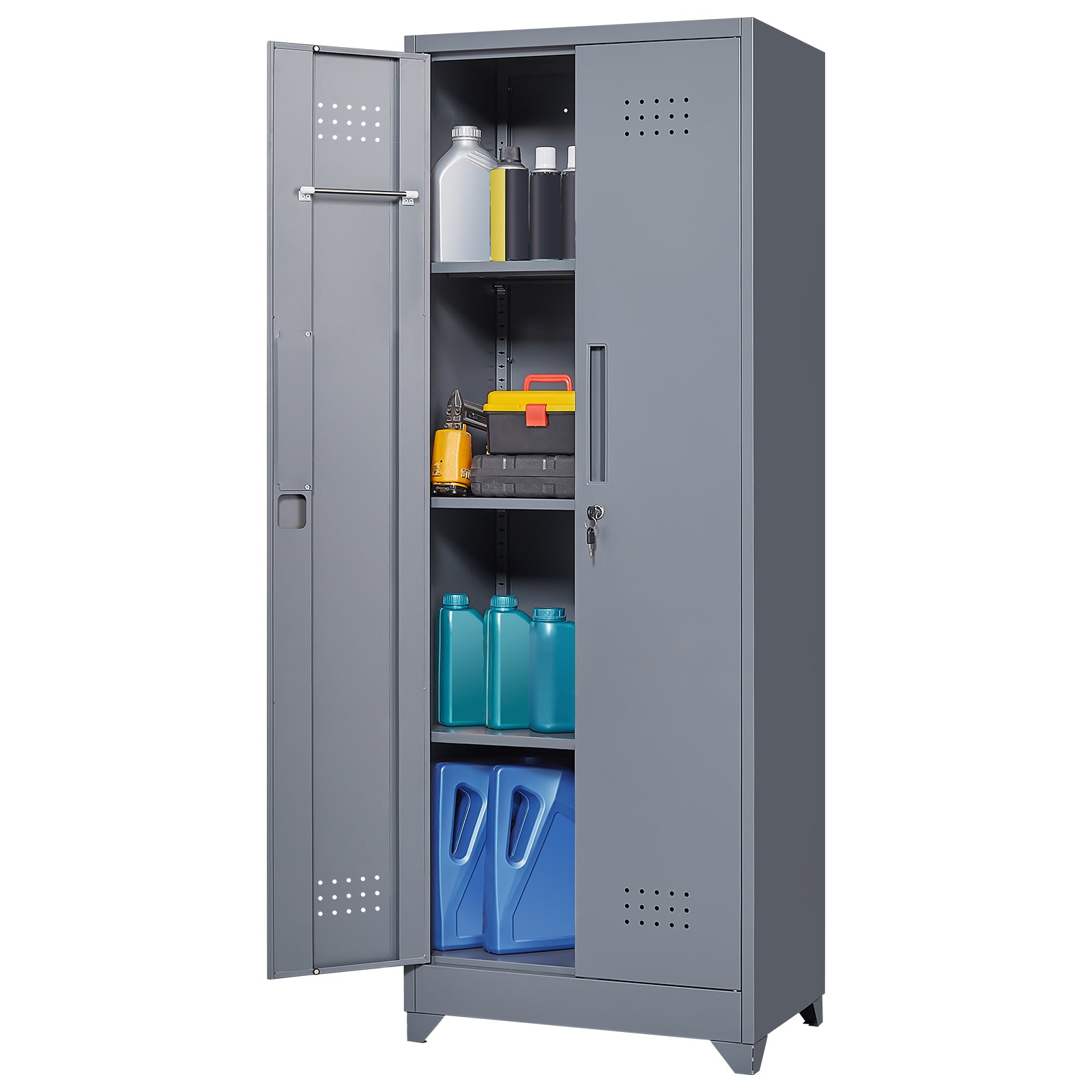 Broom Storage Cabinet with Locking Doors, Shelves and Hanging Rod, 65" H, Metal