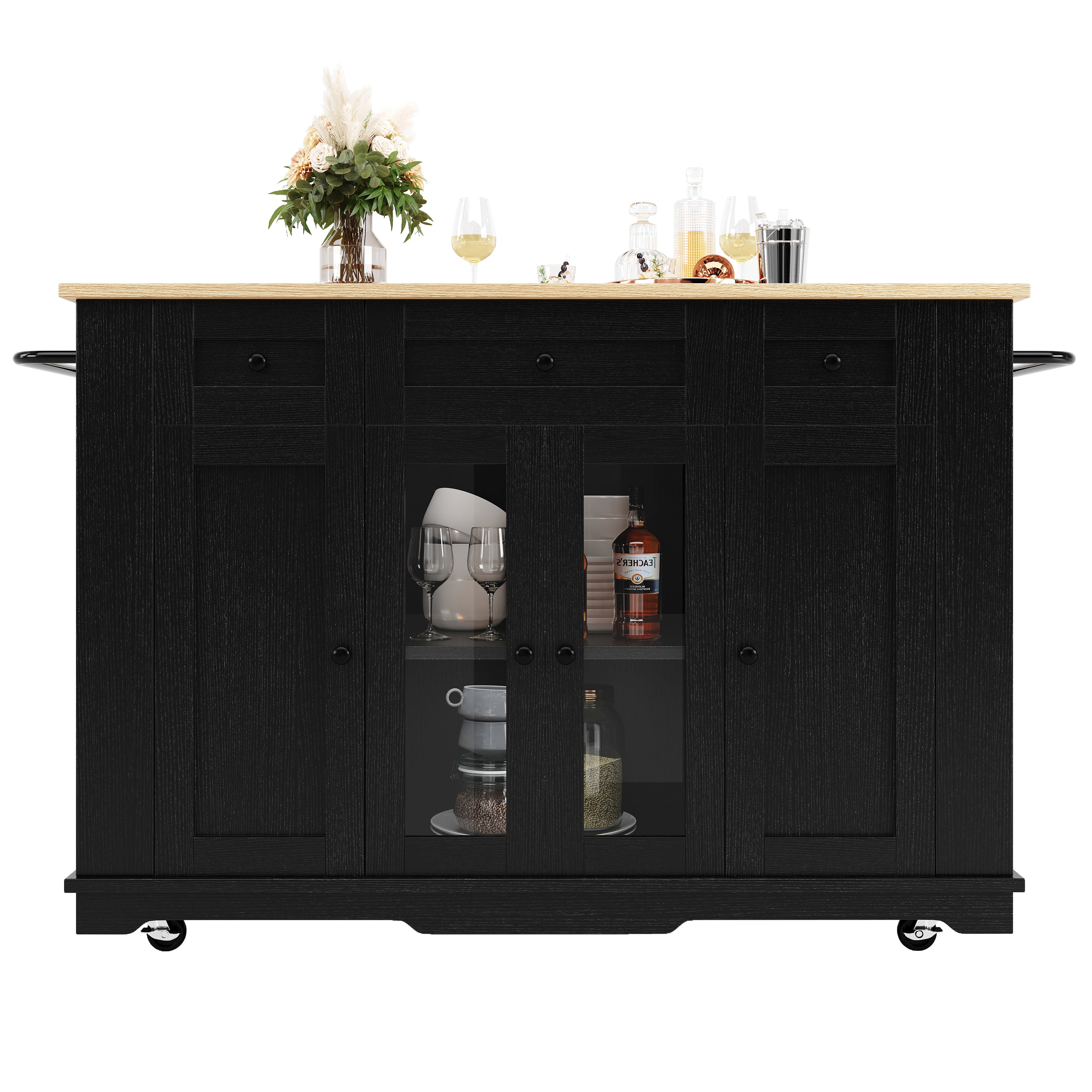Kitchen Island, Removable Dividers, Dining Cart with Tempered Glass, Black