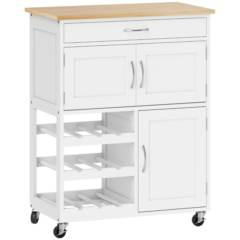 Modern Kitchen Trolley Rolling Island Storage Cart with Wine Rack and Door Cabinets, White/Wooden Countertop