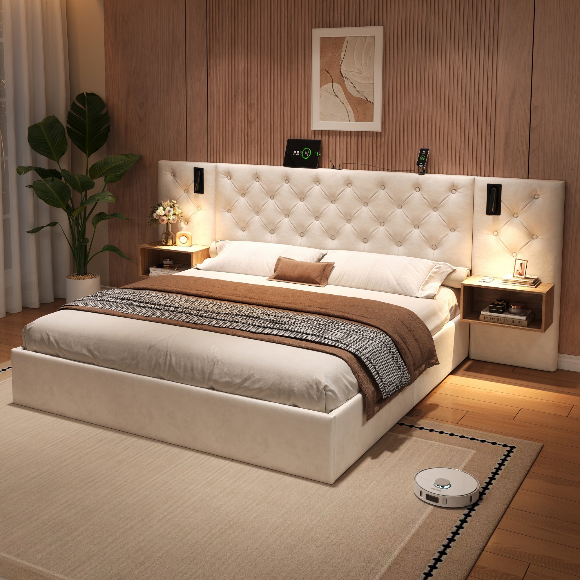 King Upholstered Bed with Charging Station, Reading Light, and Hydraulic Storage, Beige Velvet