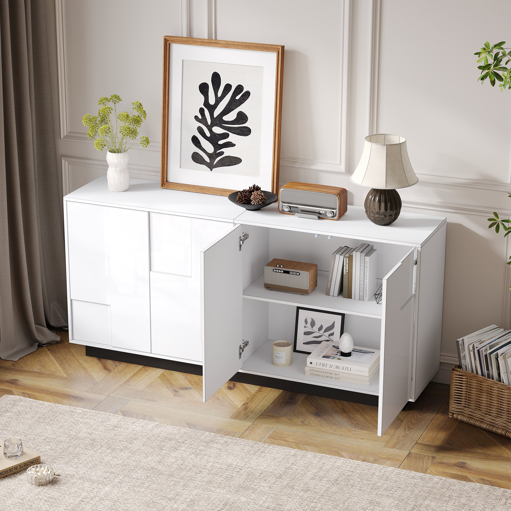 Living Room Sideboard, 4-Door High-Gloss Cabinet with Ample Storage, White and Black