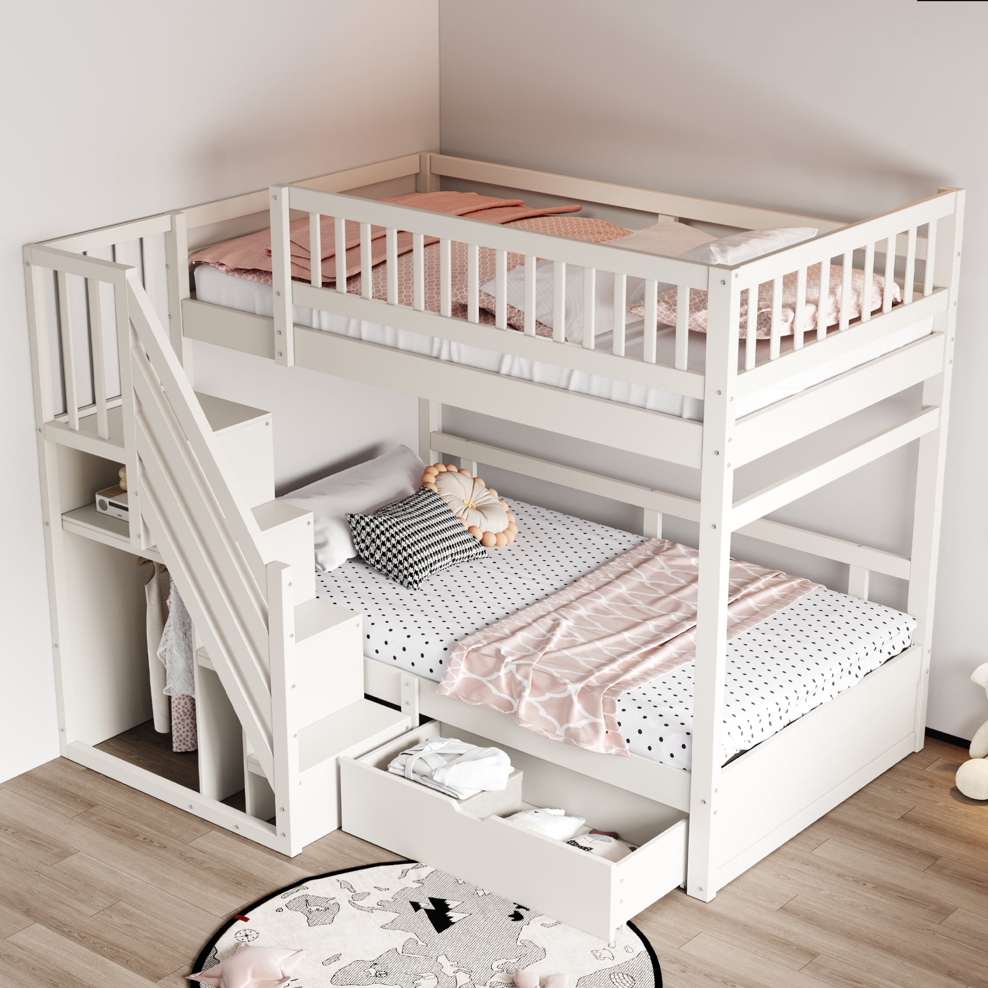 Bunk Bed, 90x200 cm, High Safety Rail, Storage Ladder & Drawers, Solid Wood, White