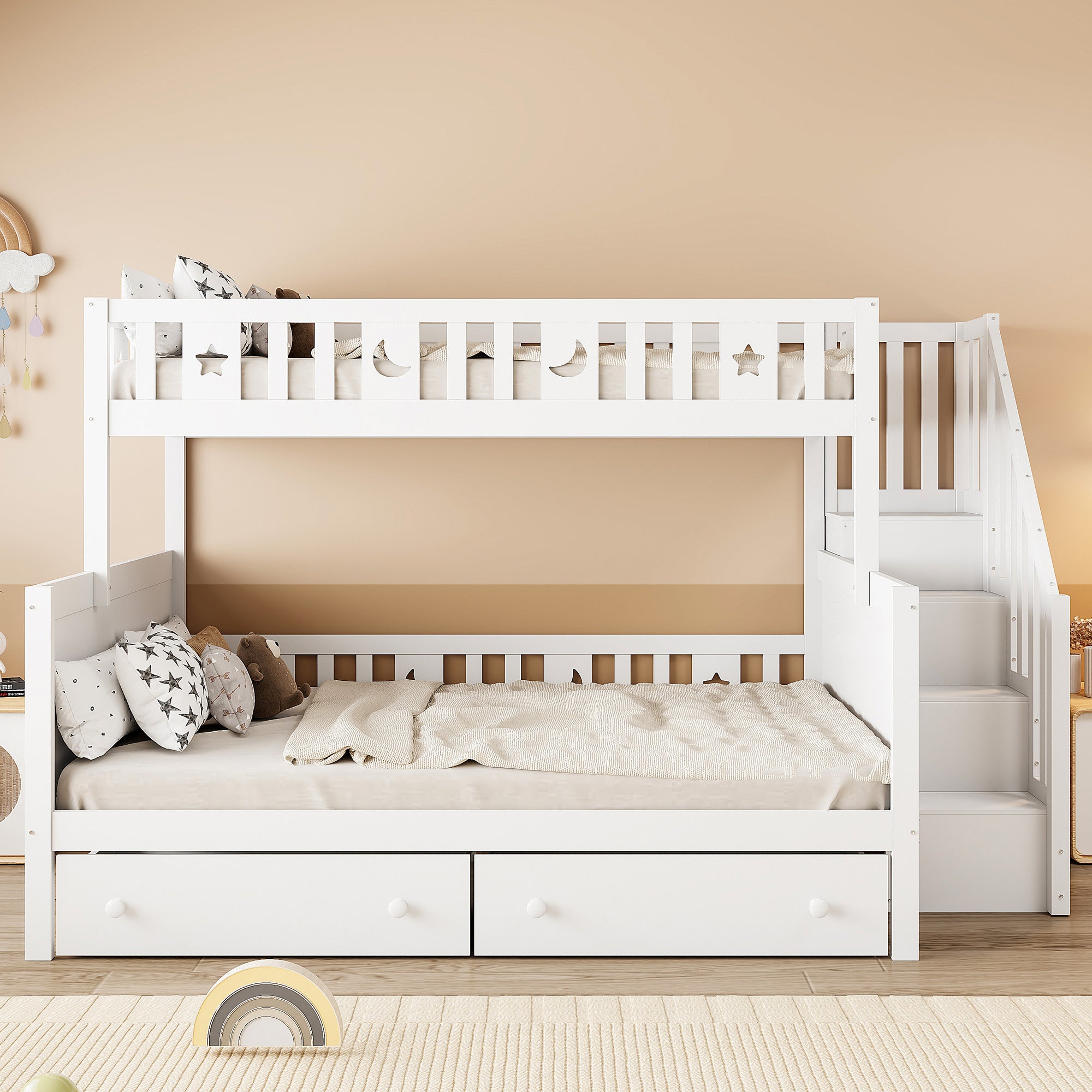 Children's Bunk Bed 90*200/140*200cm Safety Stairs Drawers Slatted Base, Solid Wood White