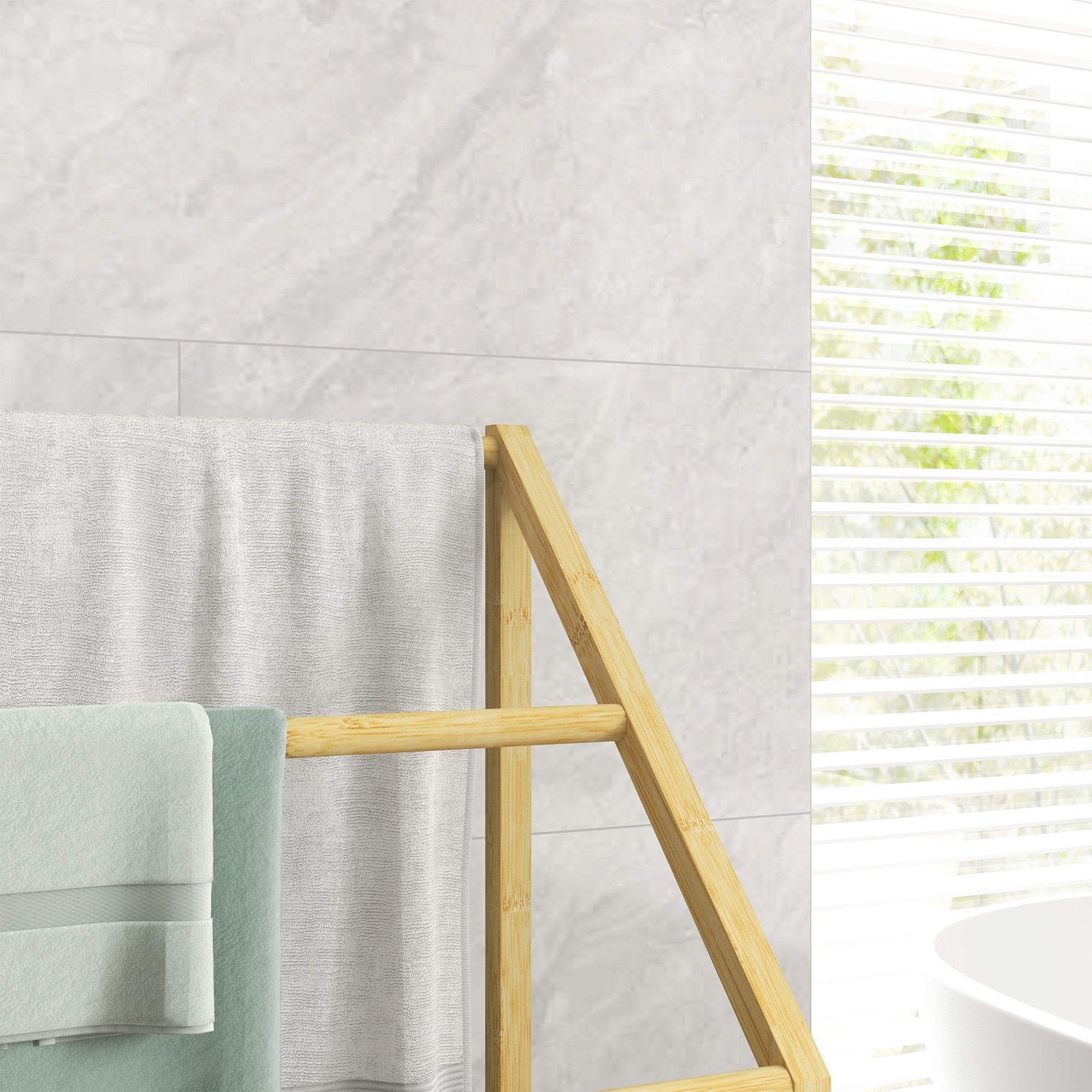 Towel Holder Freestanding, 3 Towel Rails with Shelf, Metal, Natural