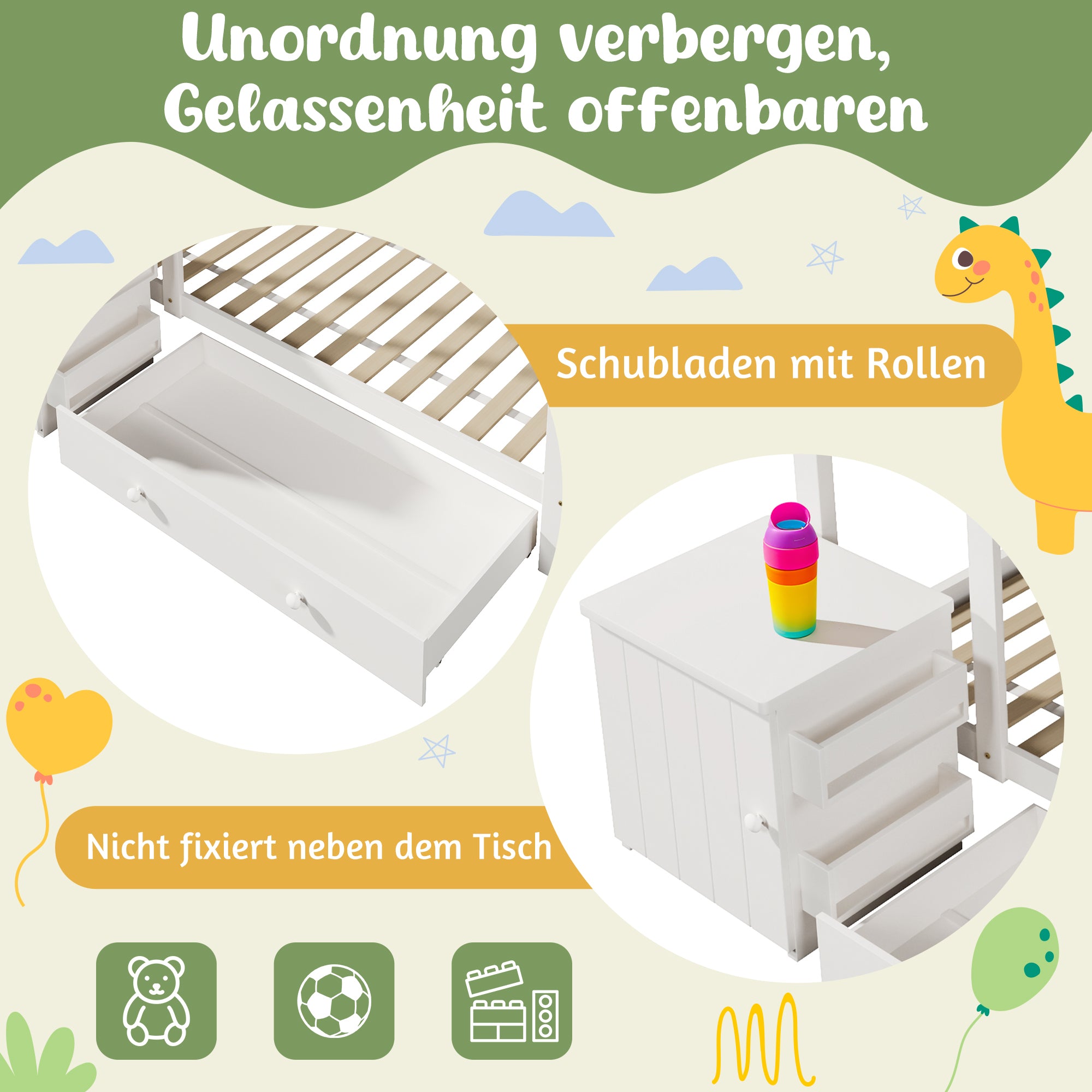 House Bed Children's Bed 90x200 cm, Solid Wood with Drawers & Removable Bedside Table, White