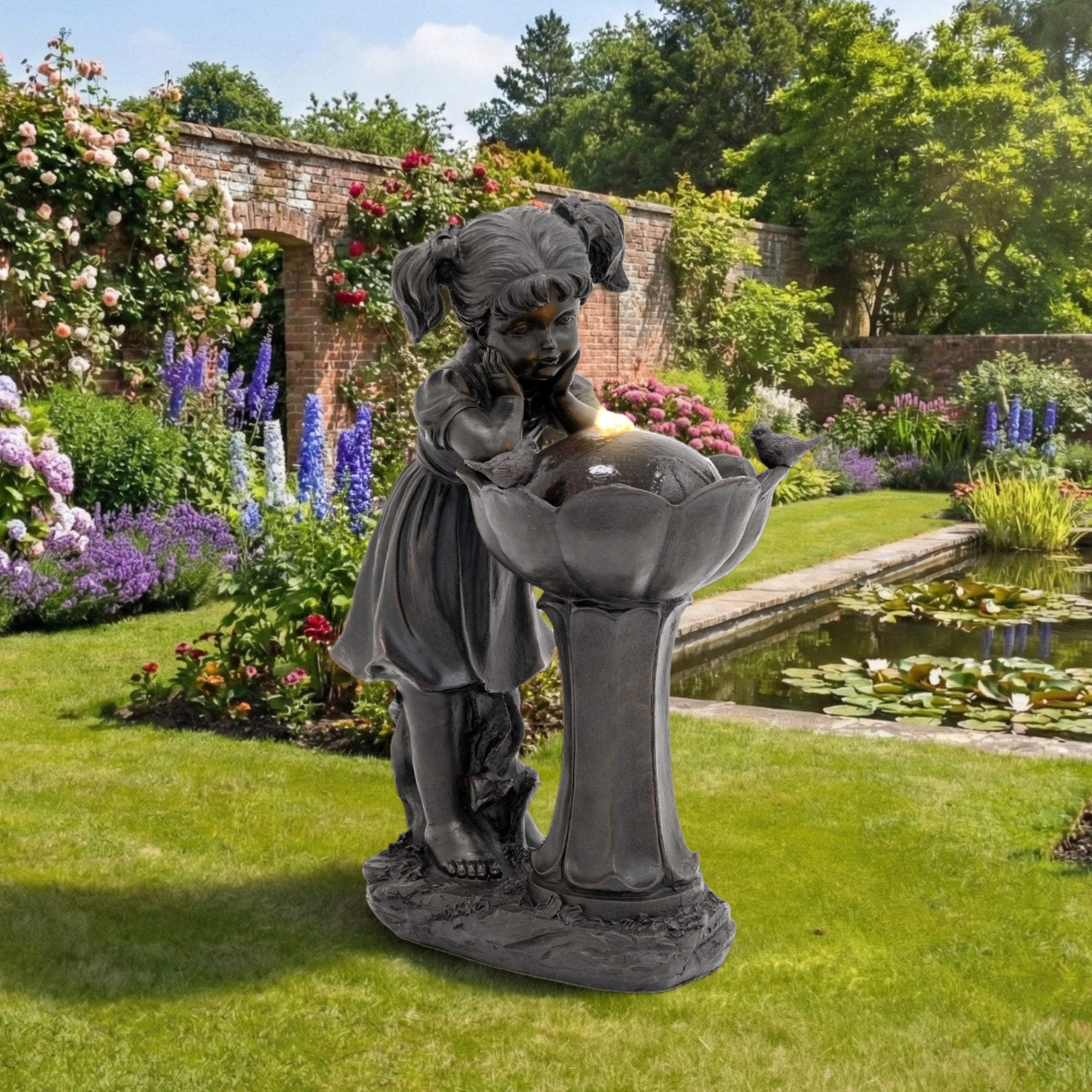 Girl Figurine LED Outdoor Fountain with Tranquil Water Feature, 65.5 cm, Copper Color