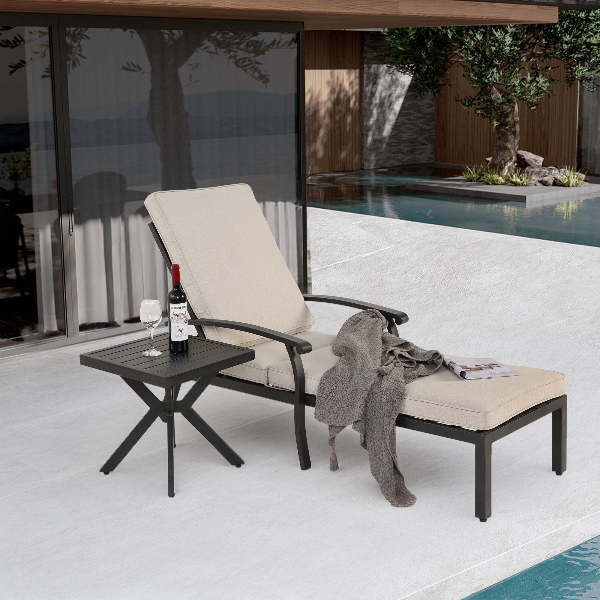 Lounge Patio Chair, Adjustable Recliner Rust-Resistant Aluminum, Beige Cushion