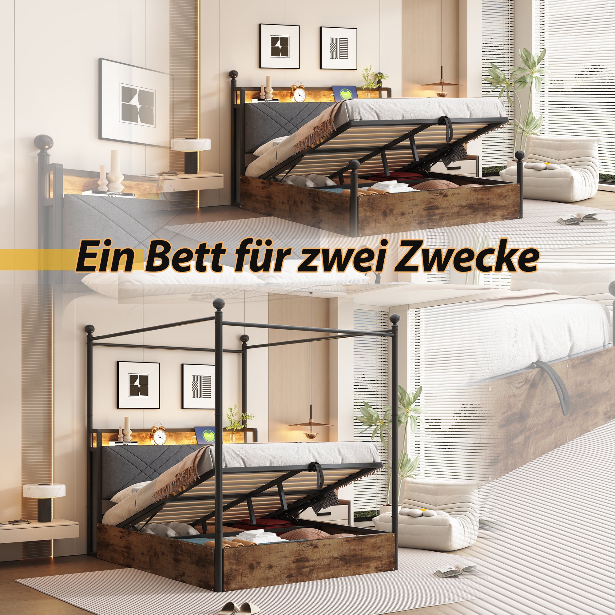 Wrought Iron Double Bed, Hydraulic Storage Canopy LED USB, Black