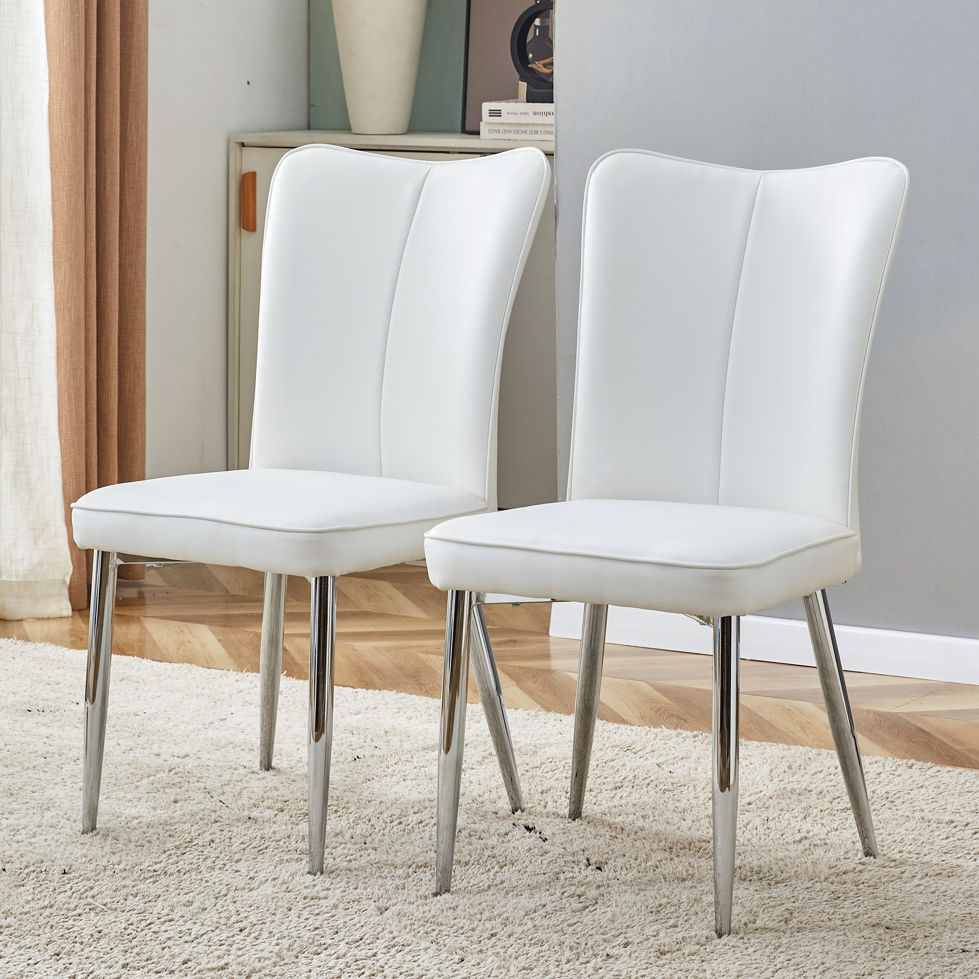 Dining Chairs Set of 2, Modern 89cm PU Silver Metal Legs, White