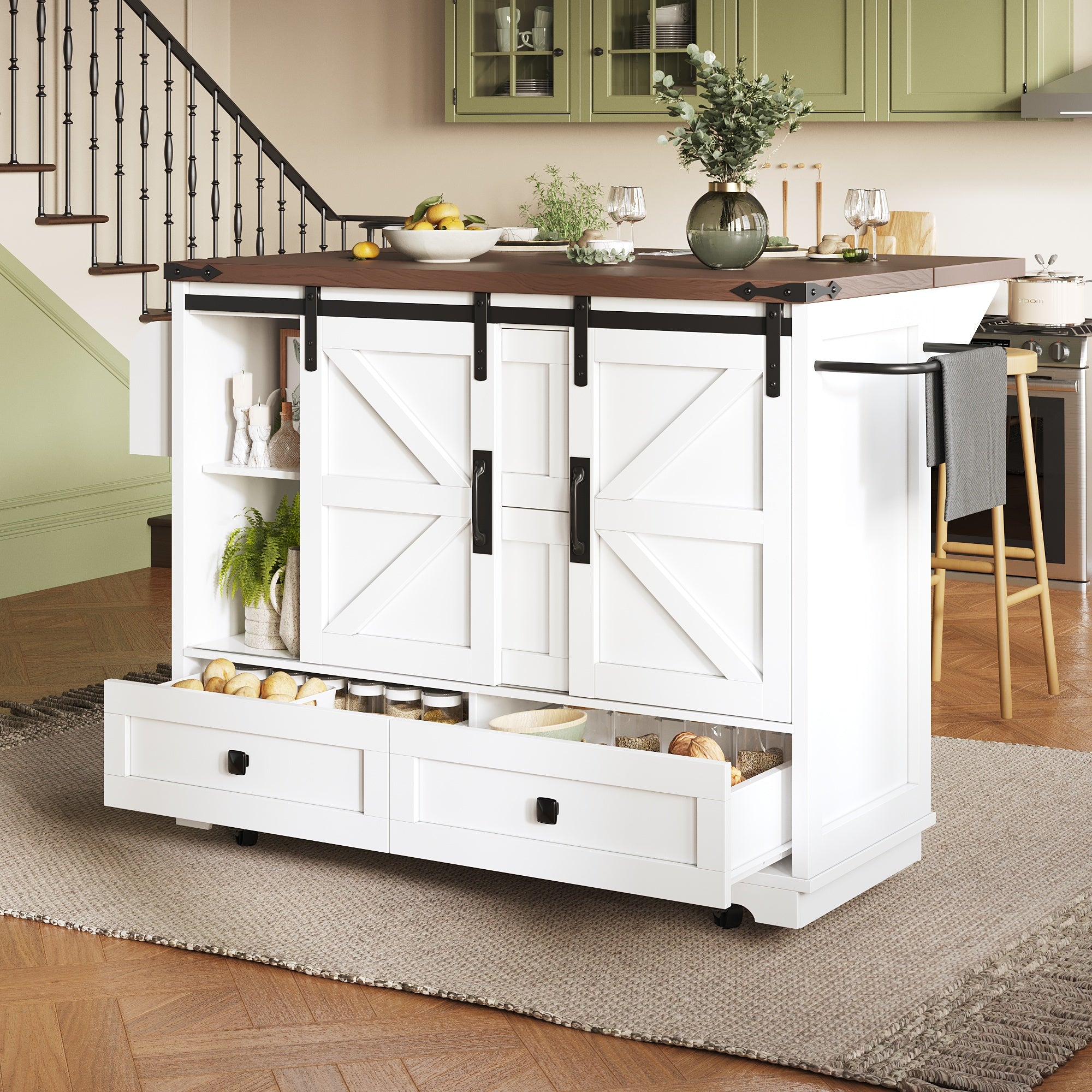 Kitchen Trolley Cart with Folding Table 3 Drawers & 2 Cabinet Doors