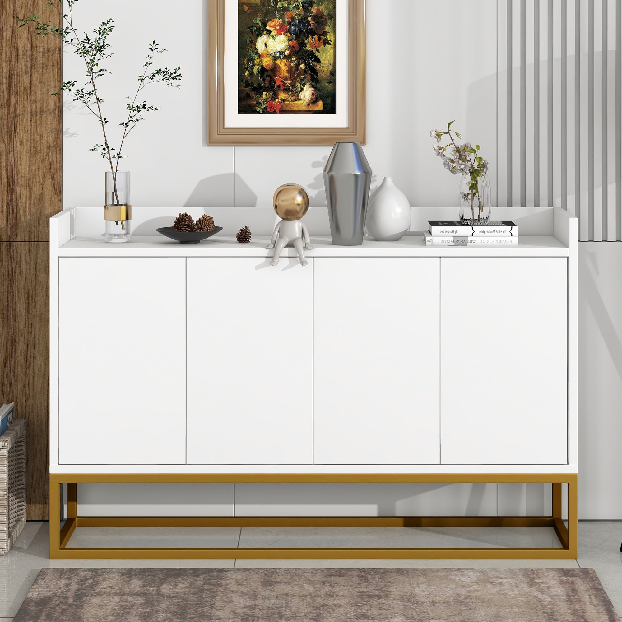 Sideboard, Minimalist 4-Door Handleless Buffet Cabinet, White