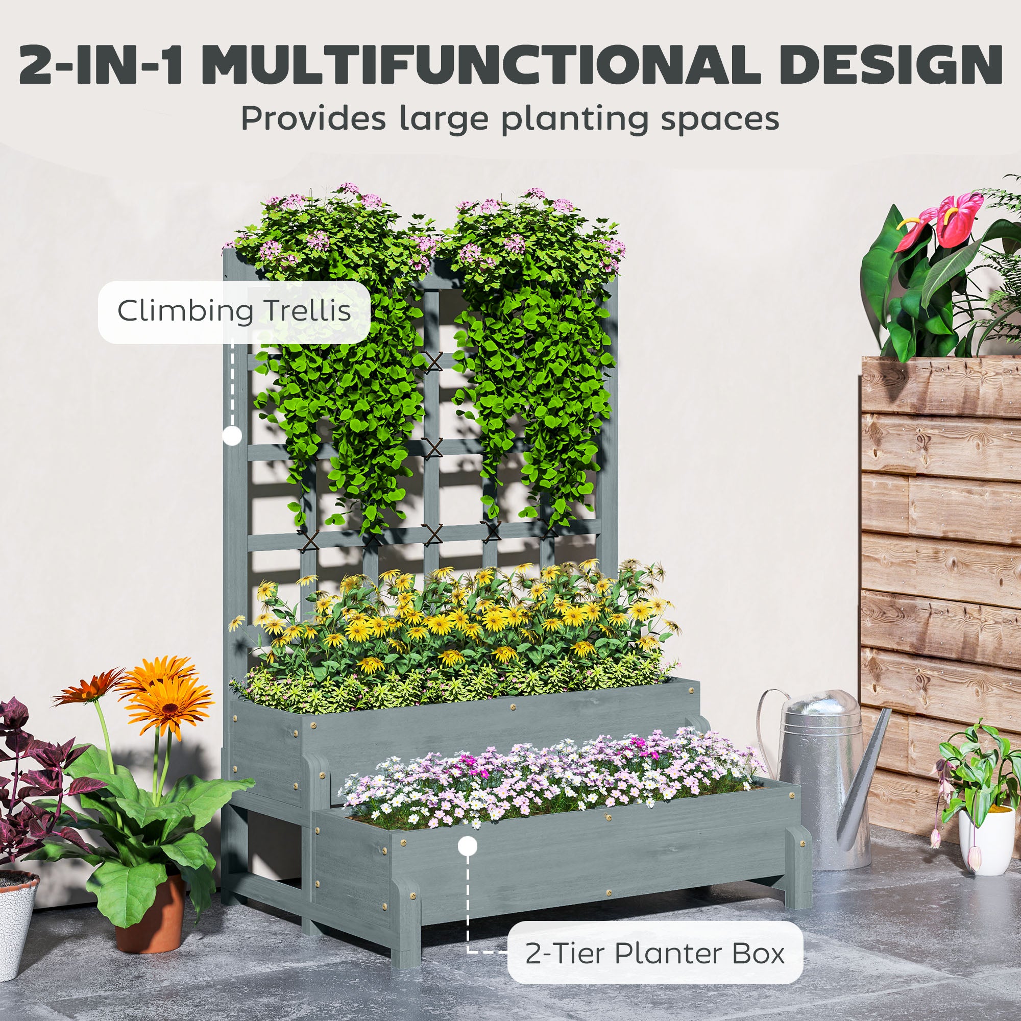 2-Tier Raised Garden Bed, Elevated Planter with Trellis and Drainage, Wooden Grey