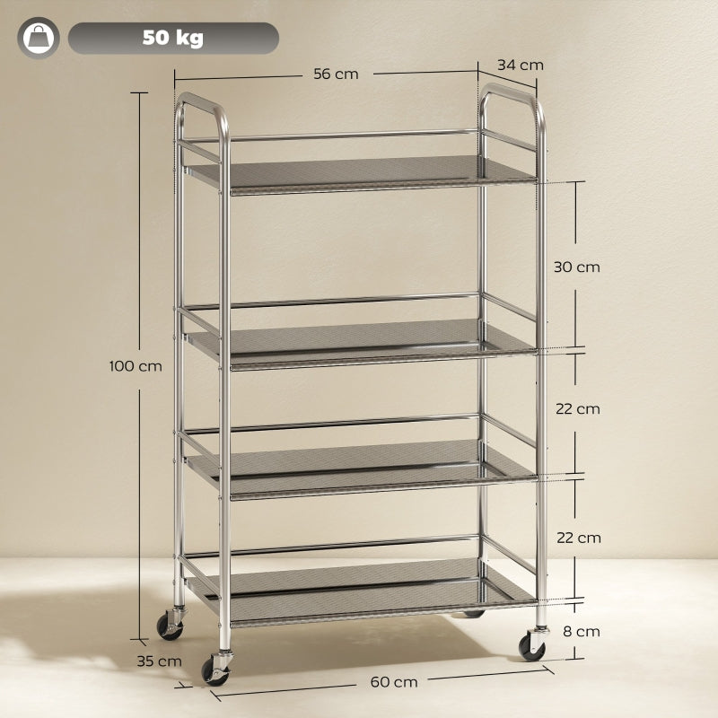 4 Tier Kitchen Storage Trolley Adjustable Shelves Stainless Steel, Silver