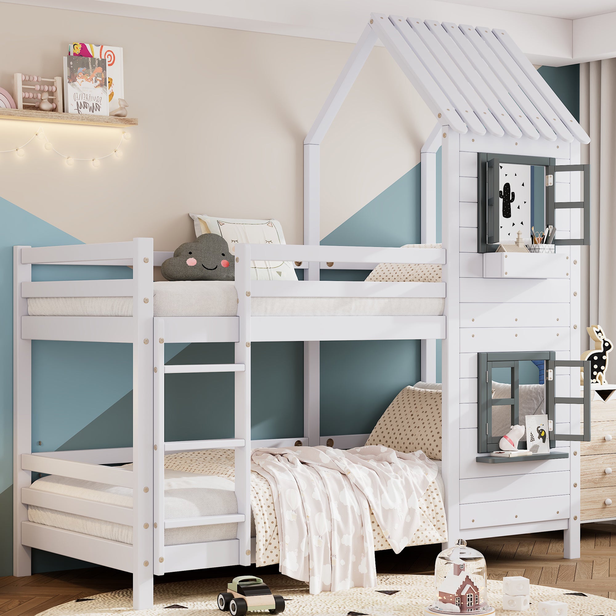 Bunk Bed, House Bed with Handrail & Window, Pine Frame, White