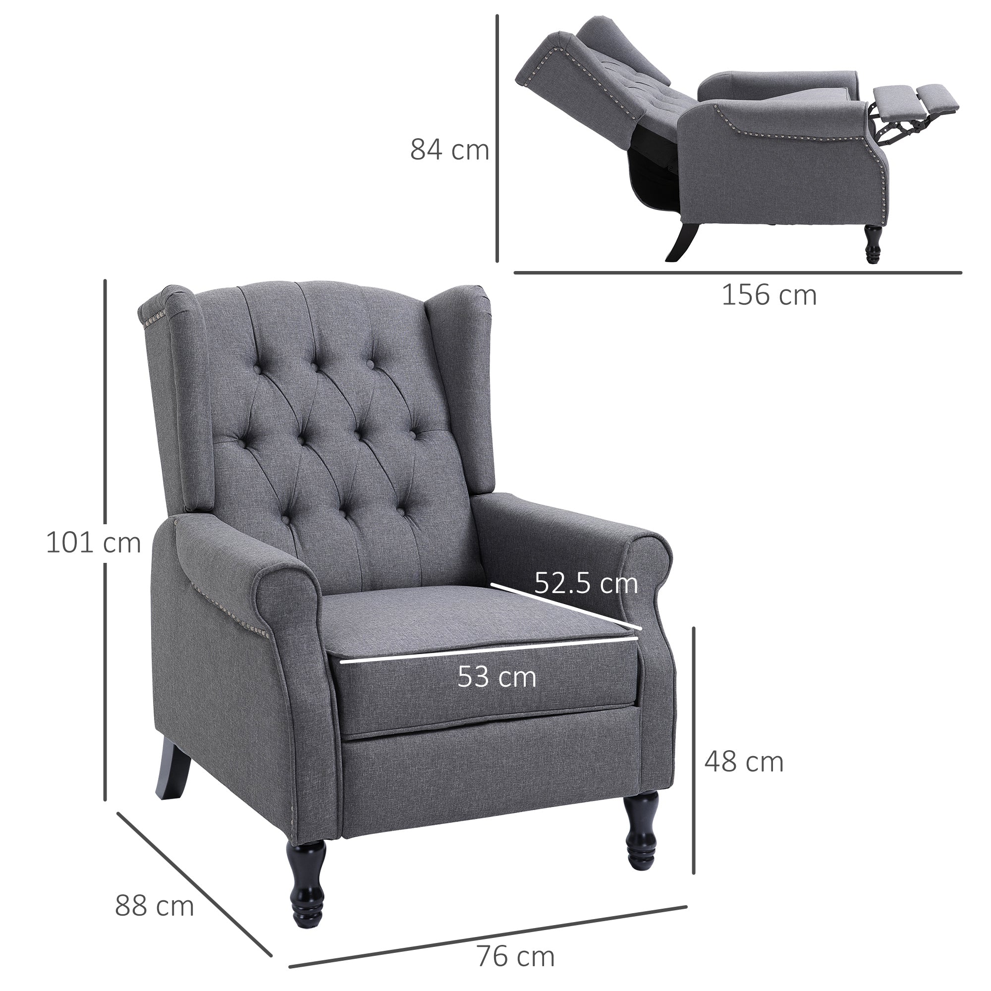 Recliner Armchair, Vintage Wingback Chair with Footrest, Grey