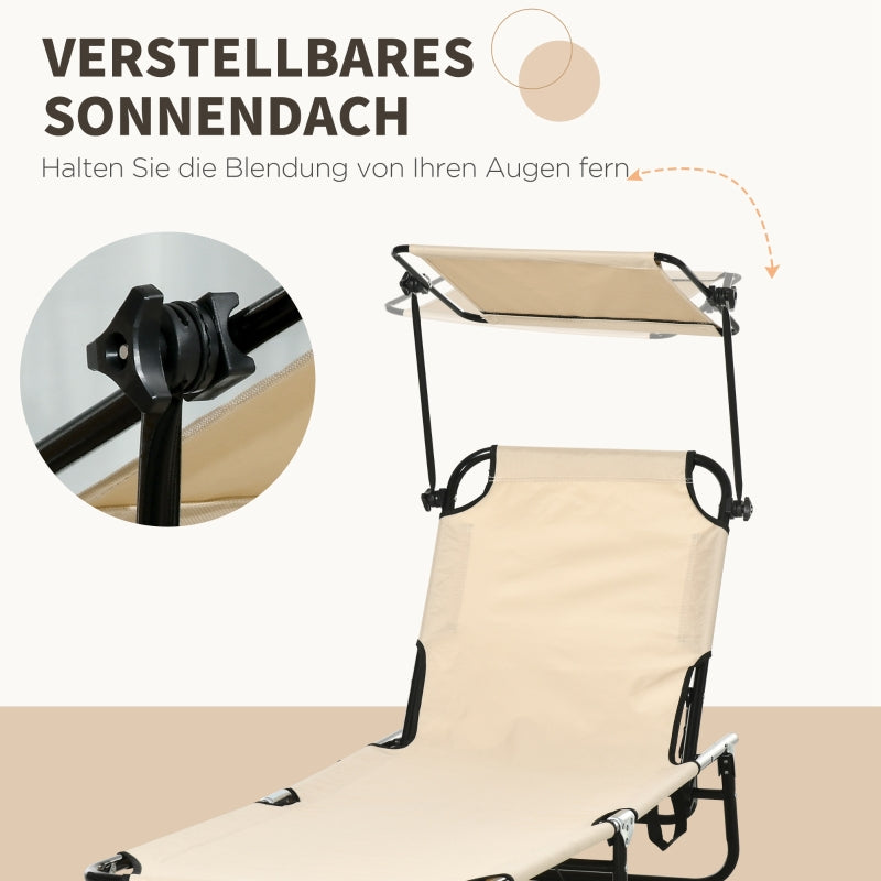 Set of 2 Folding Sun Loungers Sunshade 5-Pos. Adjustable Backrest - Brown