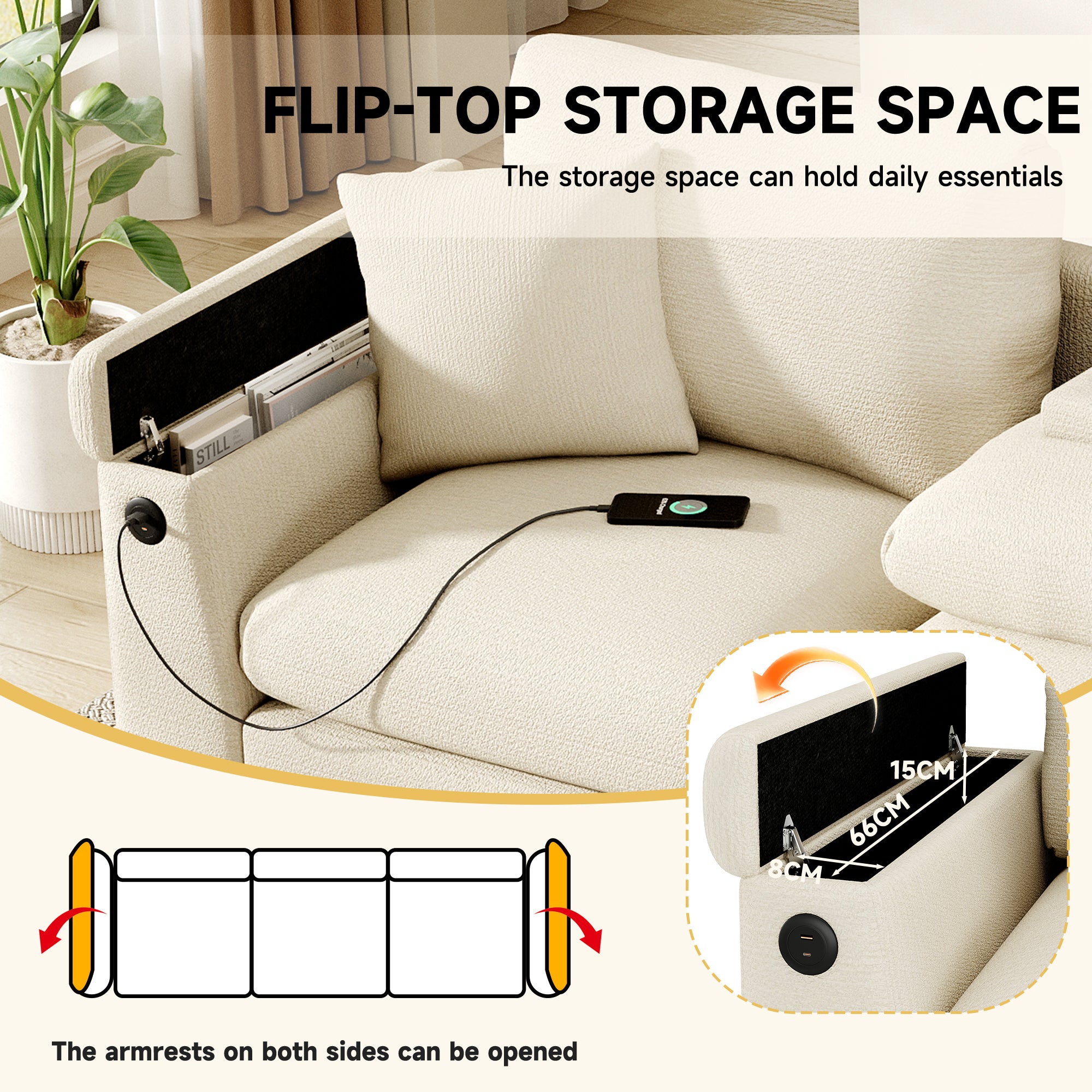 Modern Three-Seater Sofa, Folding Table USB Port Drink Holder Storage, Chenille
