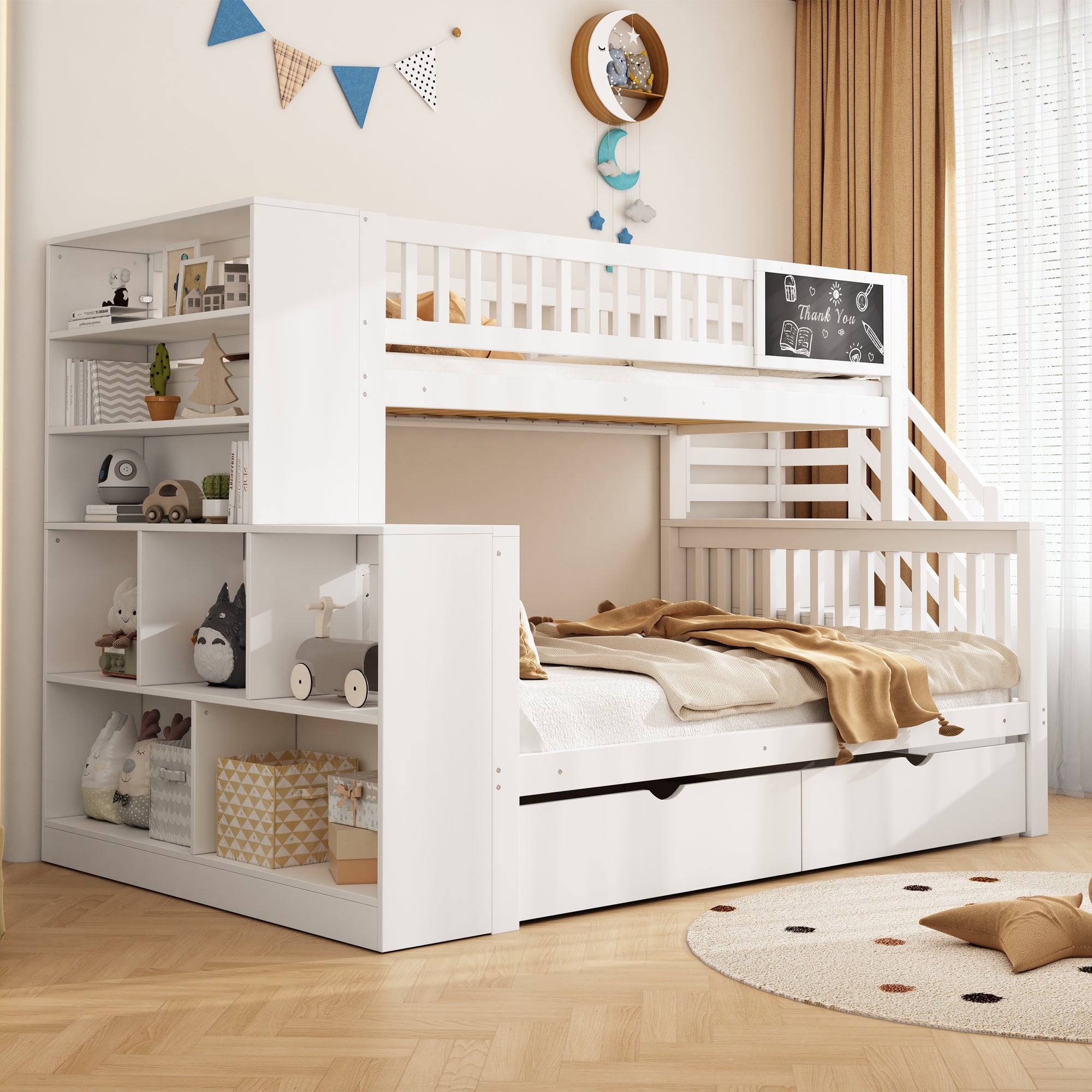 House Bed Bunk Bed with Graffiti Board, Stairs, Storage & Drawers, 140x200cm & 90x200cm, White