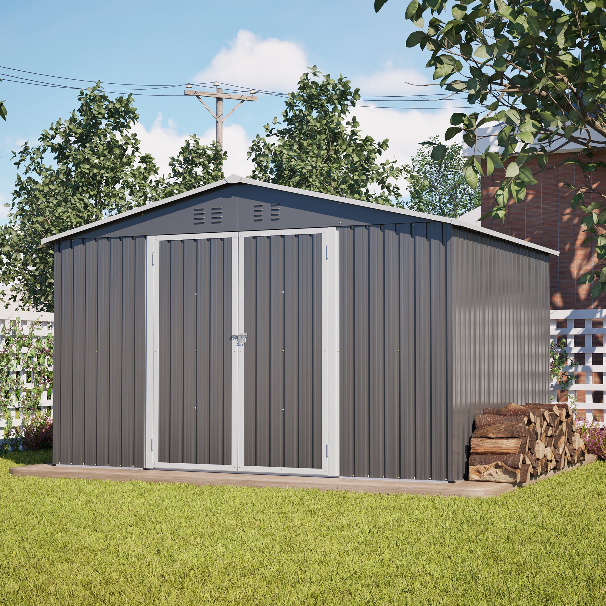 Garden Shed XXXL 300x252x191 cm Pitched Roof Storage Metal, Grey