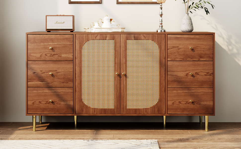 Rattan Sideboard Storage Cabinet with Drawer 160x40x90cm Brown Wood