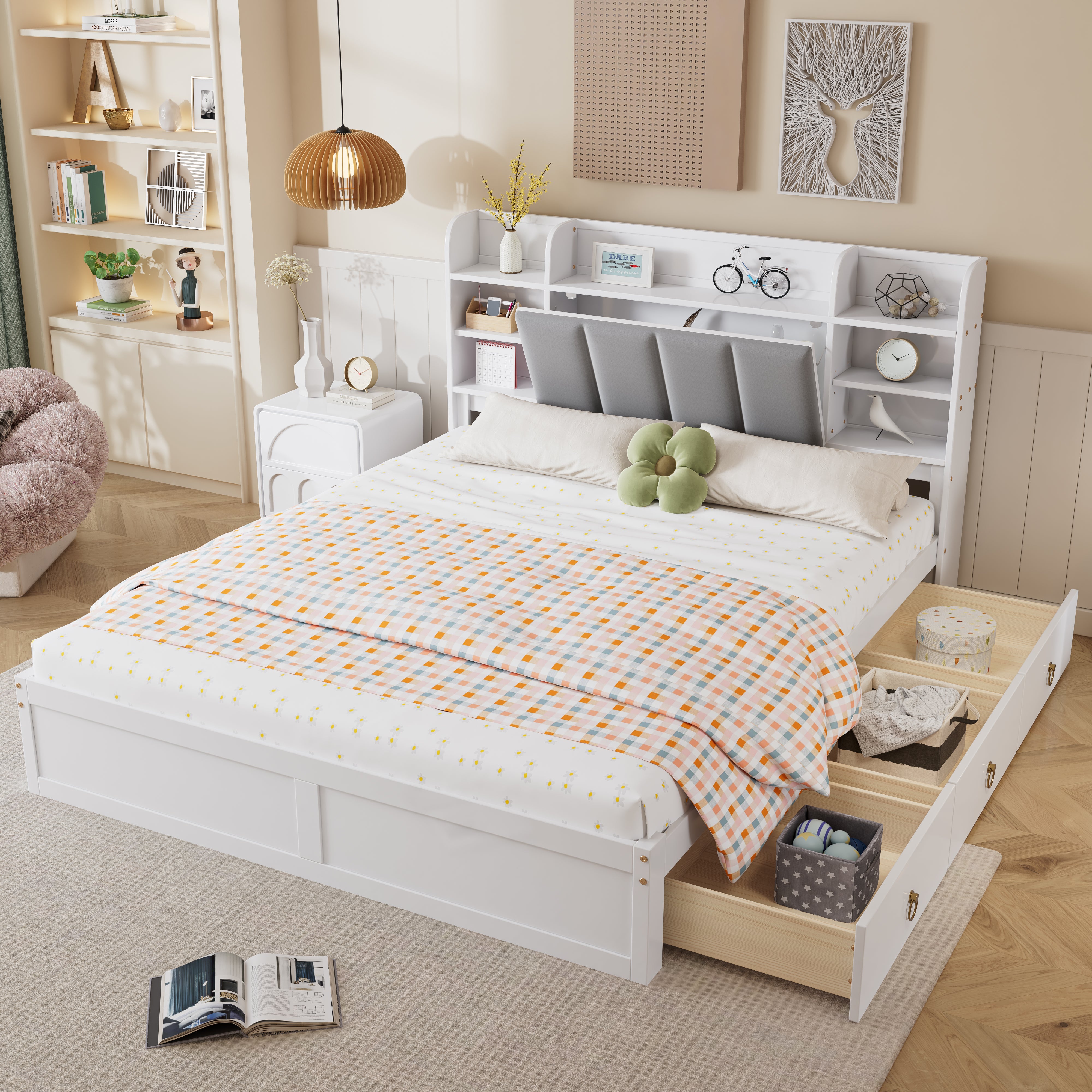 Double Bed, Open Shelf, 3 Drawers, Pine Frame, White+Grey