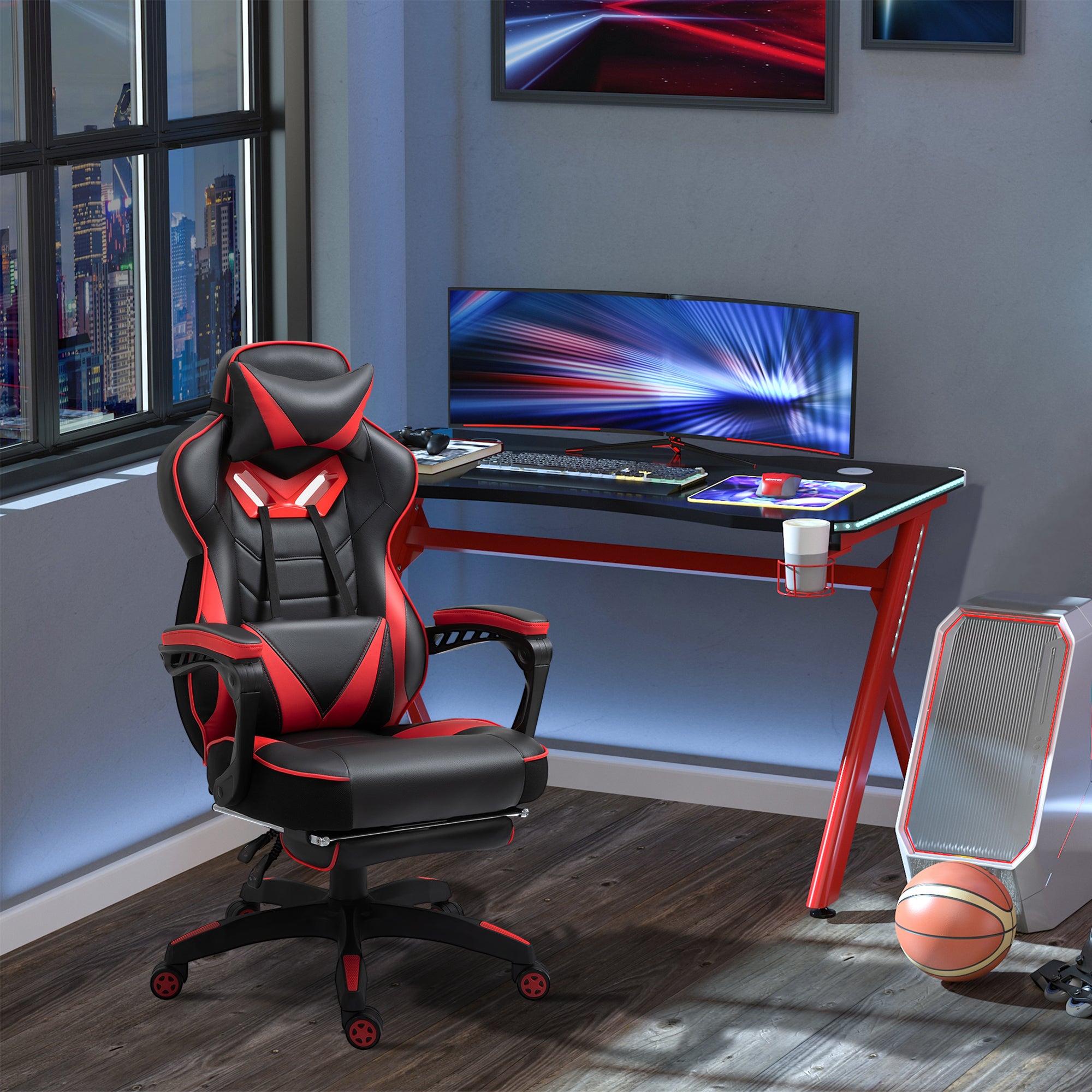 Computer Gaming Chair, Racing Desk Chair with Lumbar Support and Footrest, PU Leather, Red