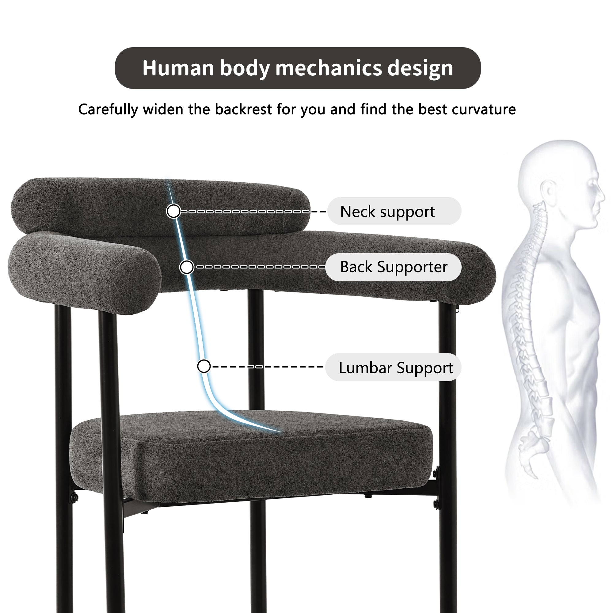 2 Dining Chairs Modern Simple Comfortable Ring Seats Dark Grey Suede Fabric