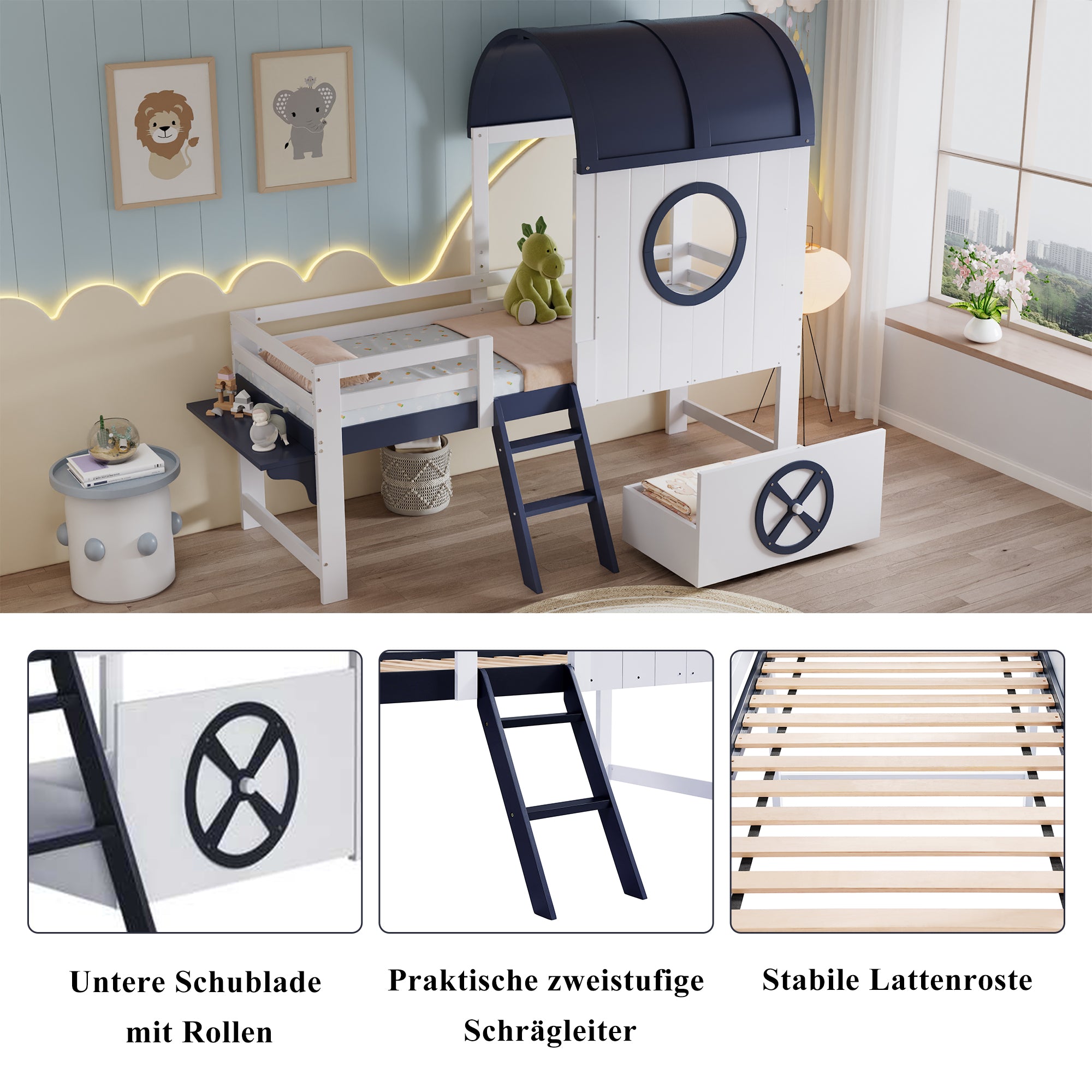 Bunk Bed, Half-Height Kids Bed with Roof, Window, Drawer & Ladder, Pine + MDF + Plywood, White + Dark Blue, 90x200cm