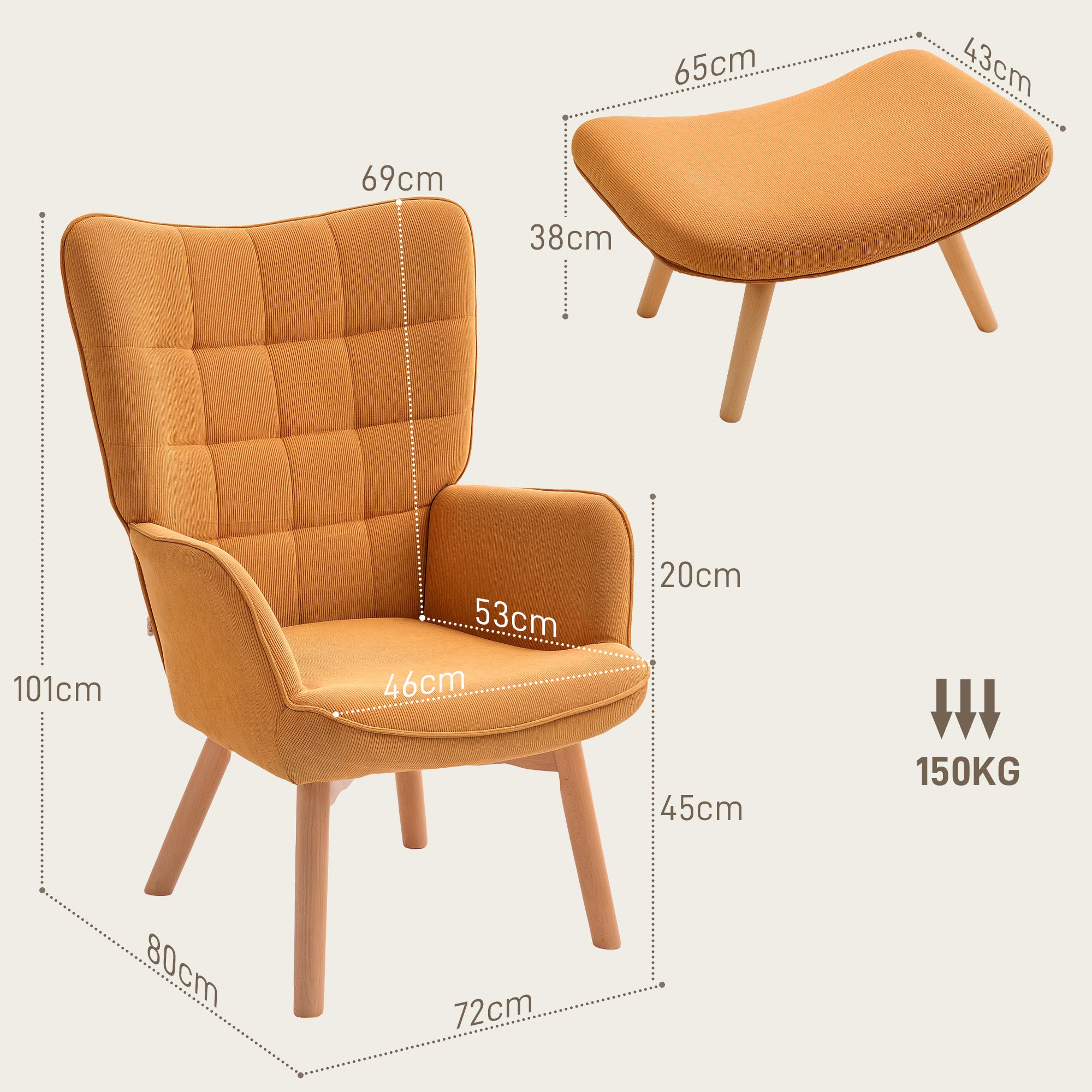 Armchair Footstool Wingback High Back Tufted Wooden Legs Corduroy Brown