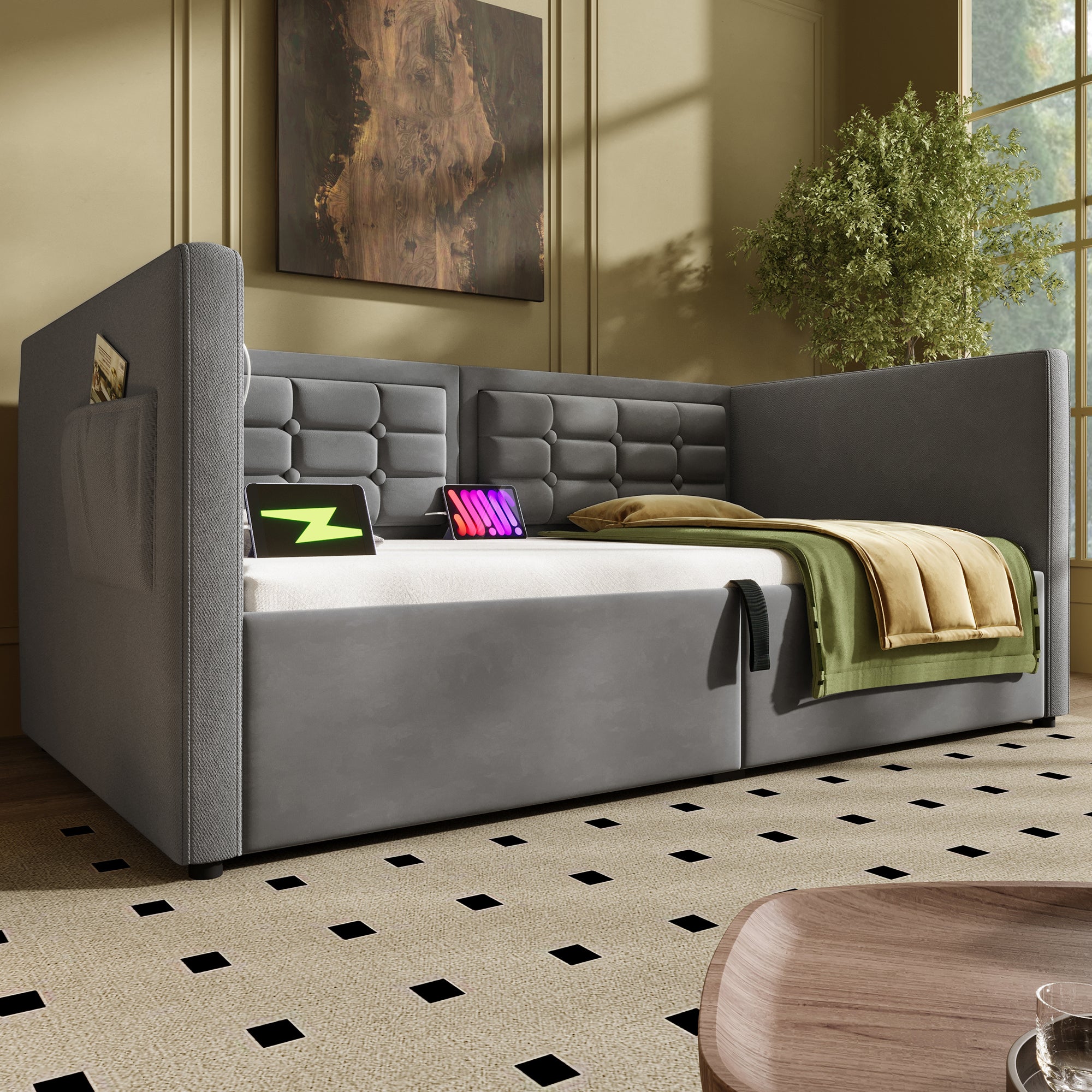 Upholstered Sofa Bed, 90x190 cm Single with USB & Type-C Charging, Gray Velvet