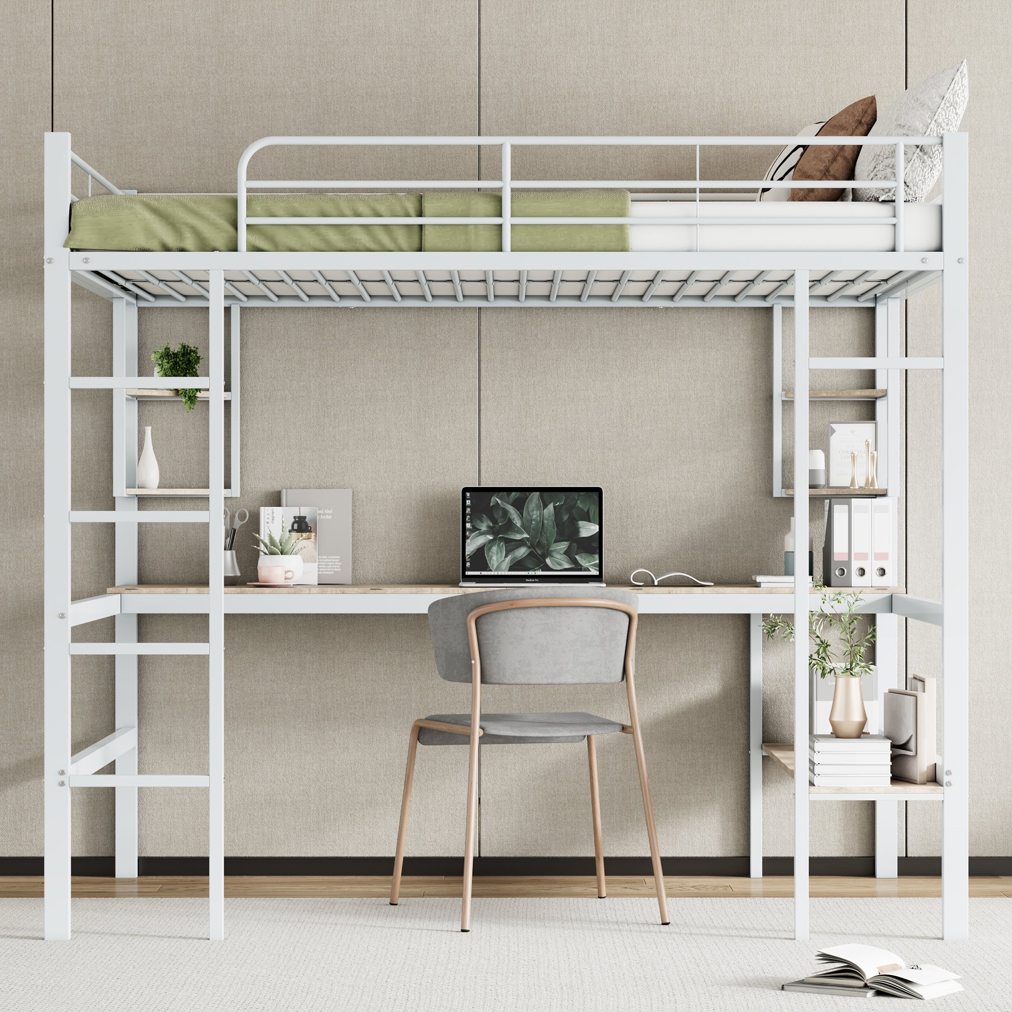 Loft Bed 140x200cm Metal Frame with Desk Shelves & Bookcase - White