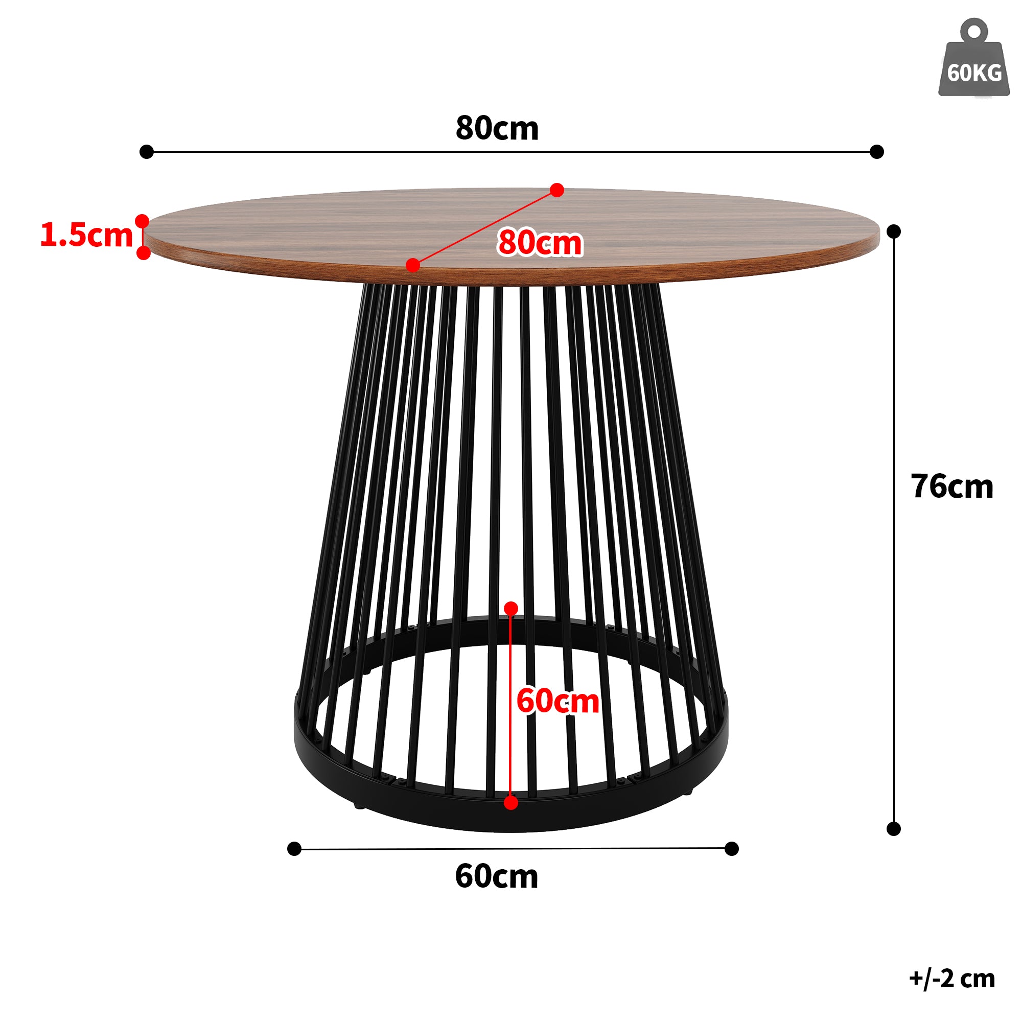 Round Dining Table 80x80cm 4-Person Walnut MDF/Black Metal Legs