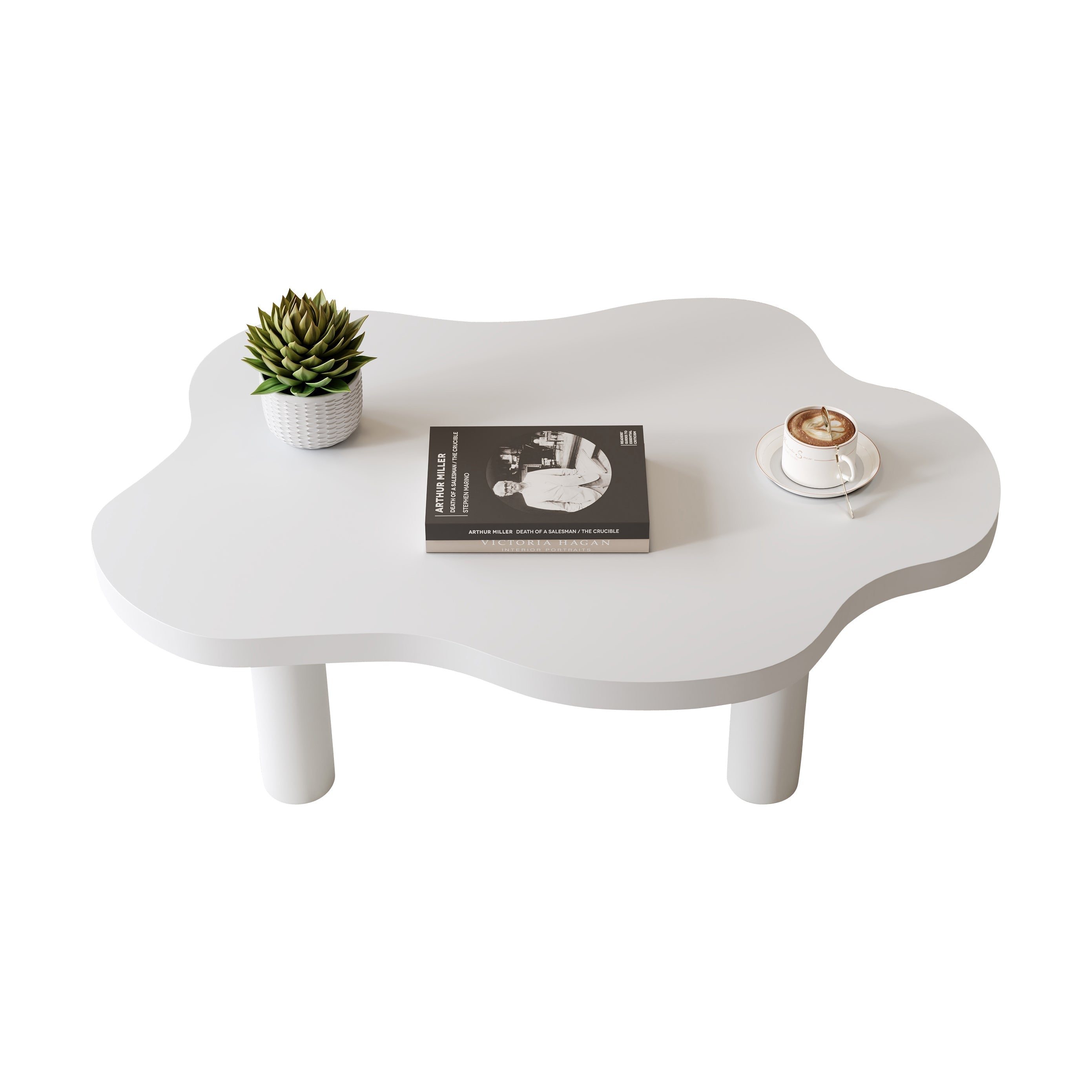 Cloud Shaped Coffee Table, Irregular Round Corner End Table, Modern White Tea Table with 4 Legs
