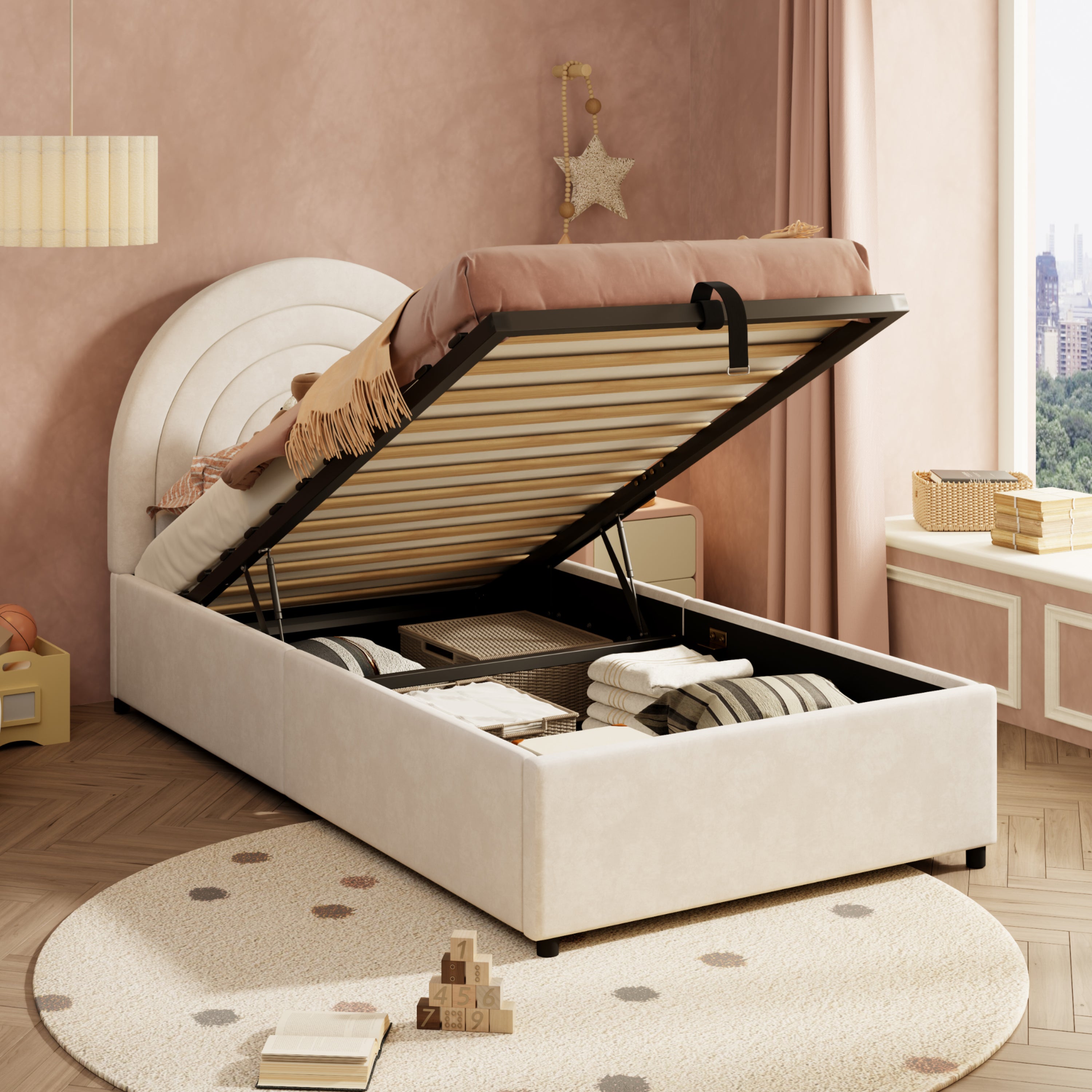 Upholstered Single Bed 90x200 with Slatted Base and Headboard, Beige Velvet