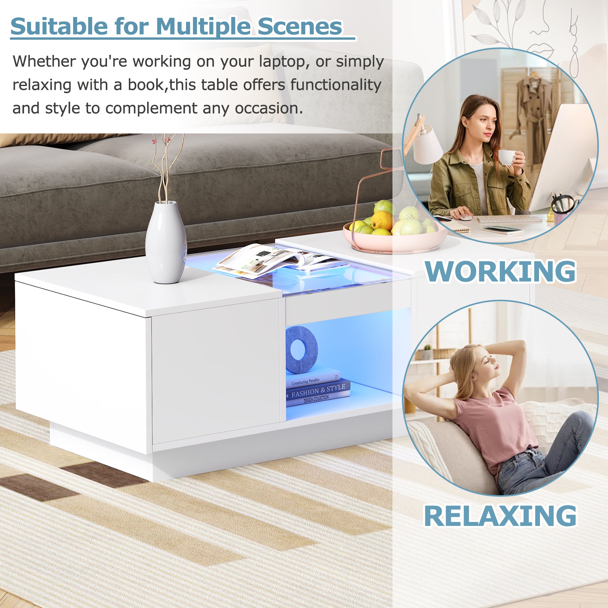 White Coffee Table with Glass Panel, LED Lighting, 2 Drawers, and 1 Open Compartment