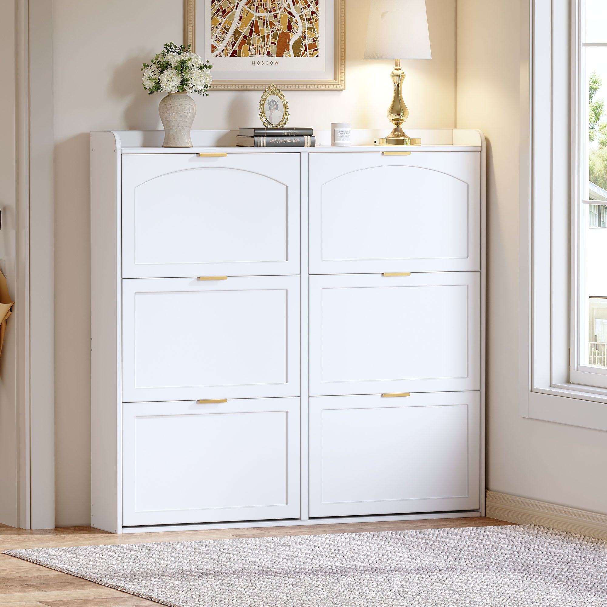 Space-Saving Tall Shoe Cabinet 6 Drop-Down Compartments Freestanding White