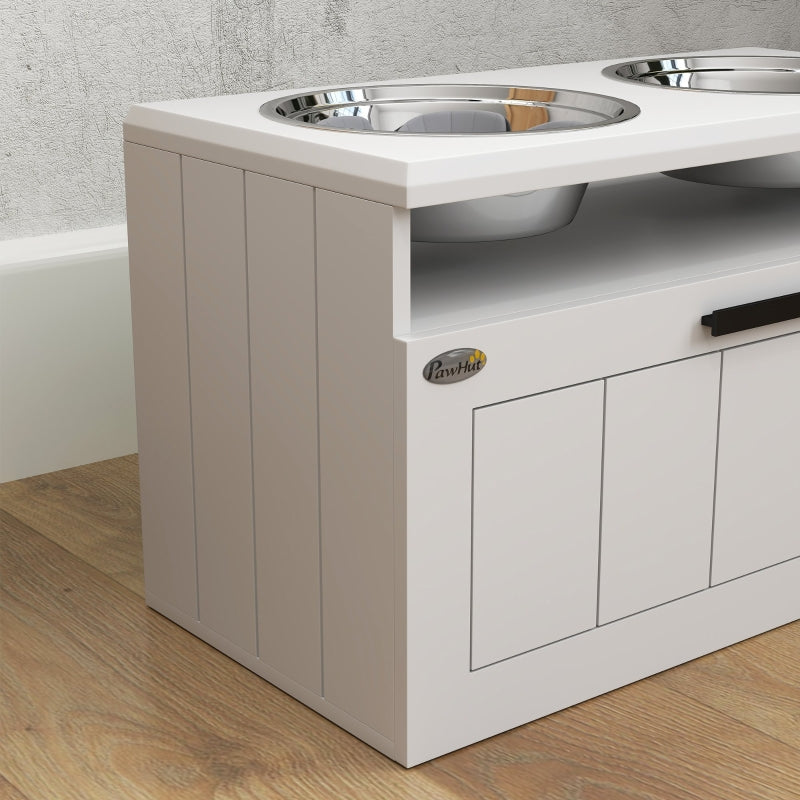 Raised Dog Bowl with Slow Feeder, Two Stainless Steel Bowls, Drawer, White