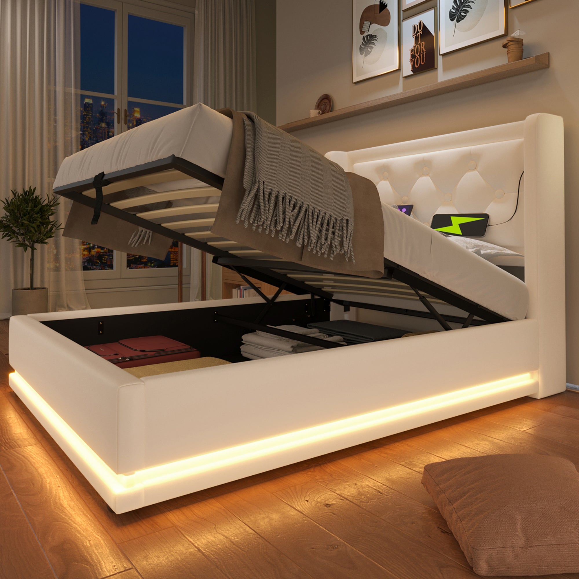 Upholstered Single Bed 90*200cm Hydraulic Storage Headboard USB Type-C LED, White PU