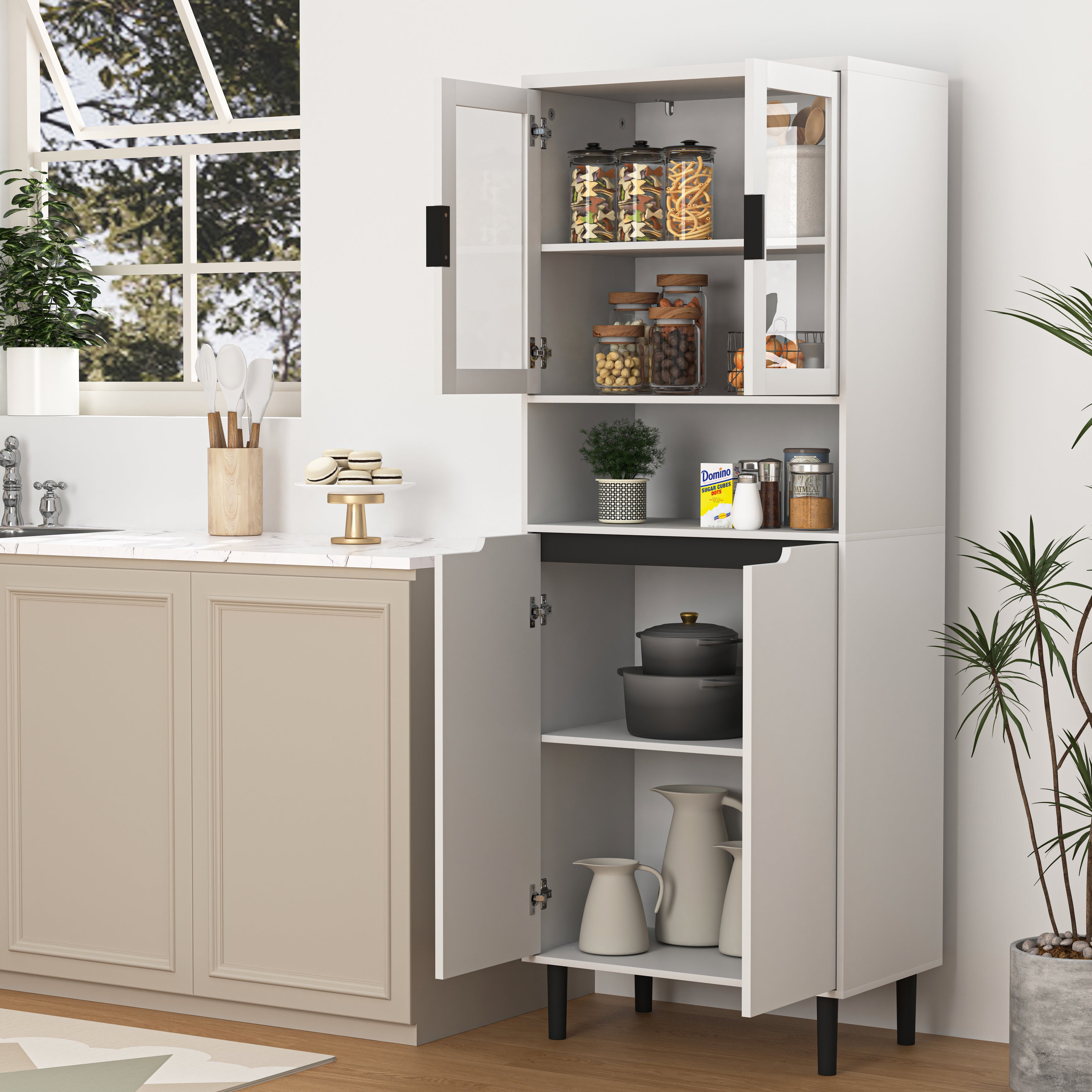 Tall Bookcase 4-Door Tempered Glass Adjustable Shelf - White