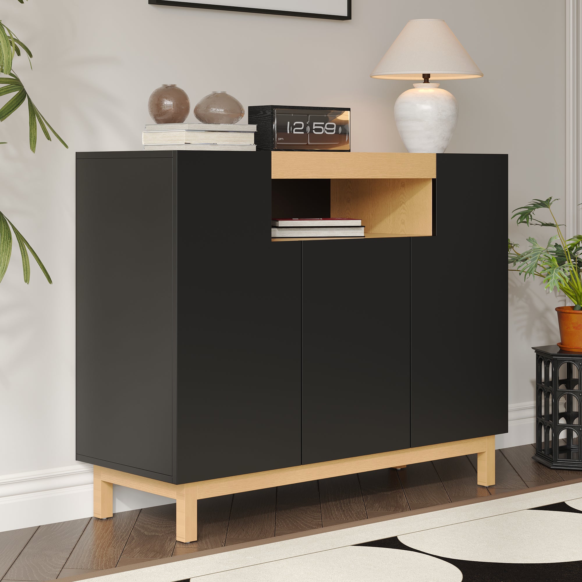 Sideboard with 3 Doors and Open Compartment, Black and Wood Finish