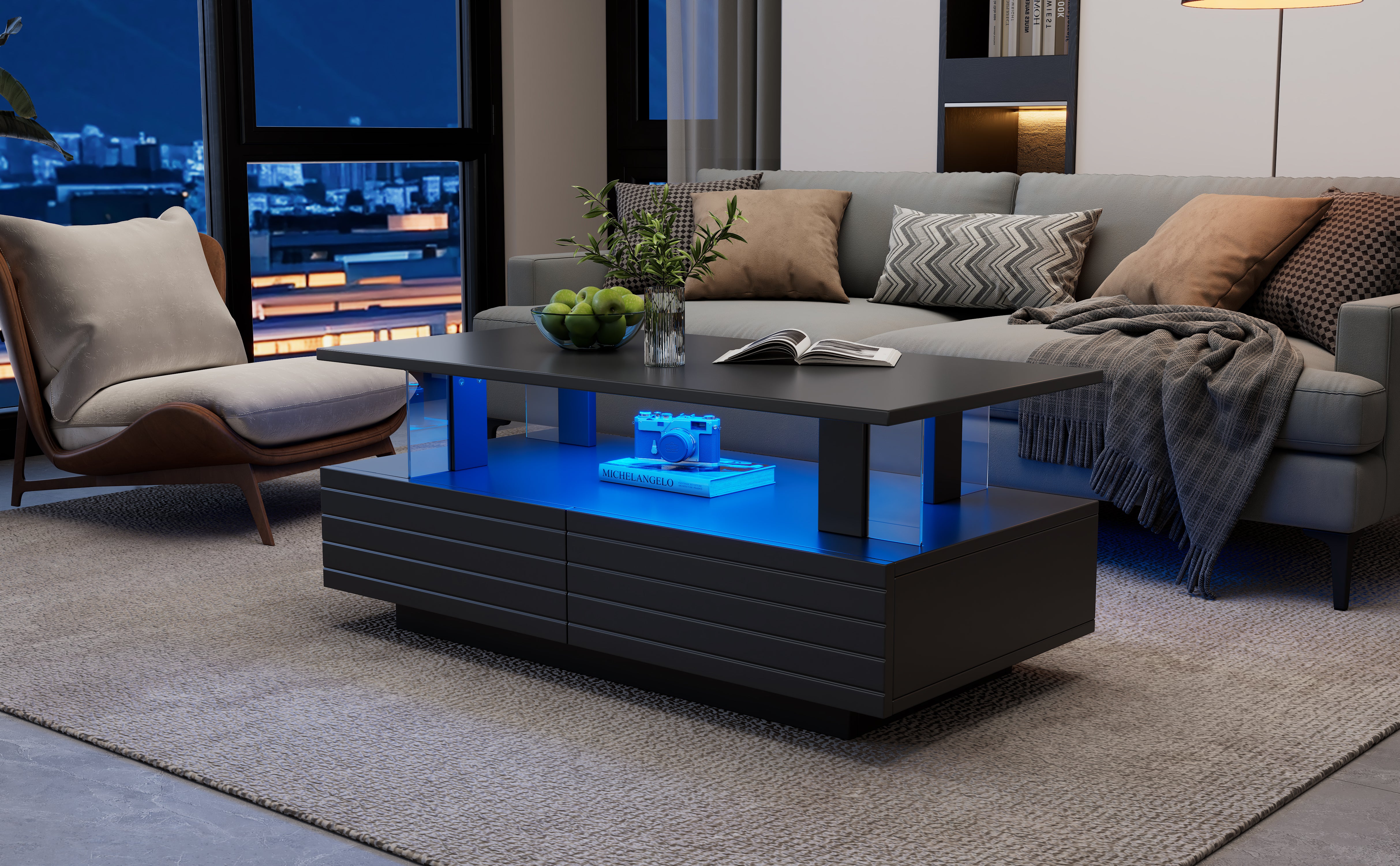 Coffee Table with LED and 2 Drawers, Black Particleboard + Acrylic
