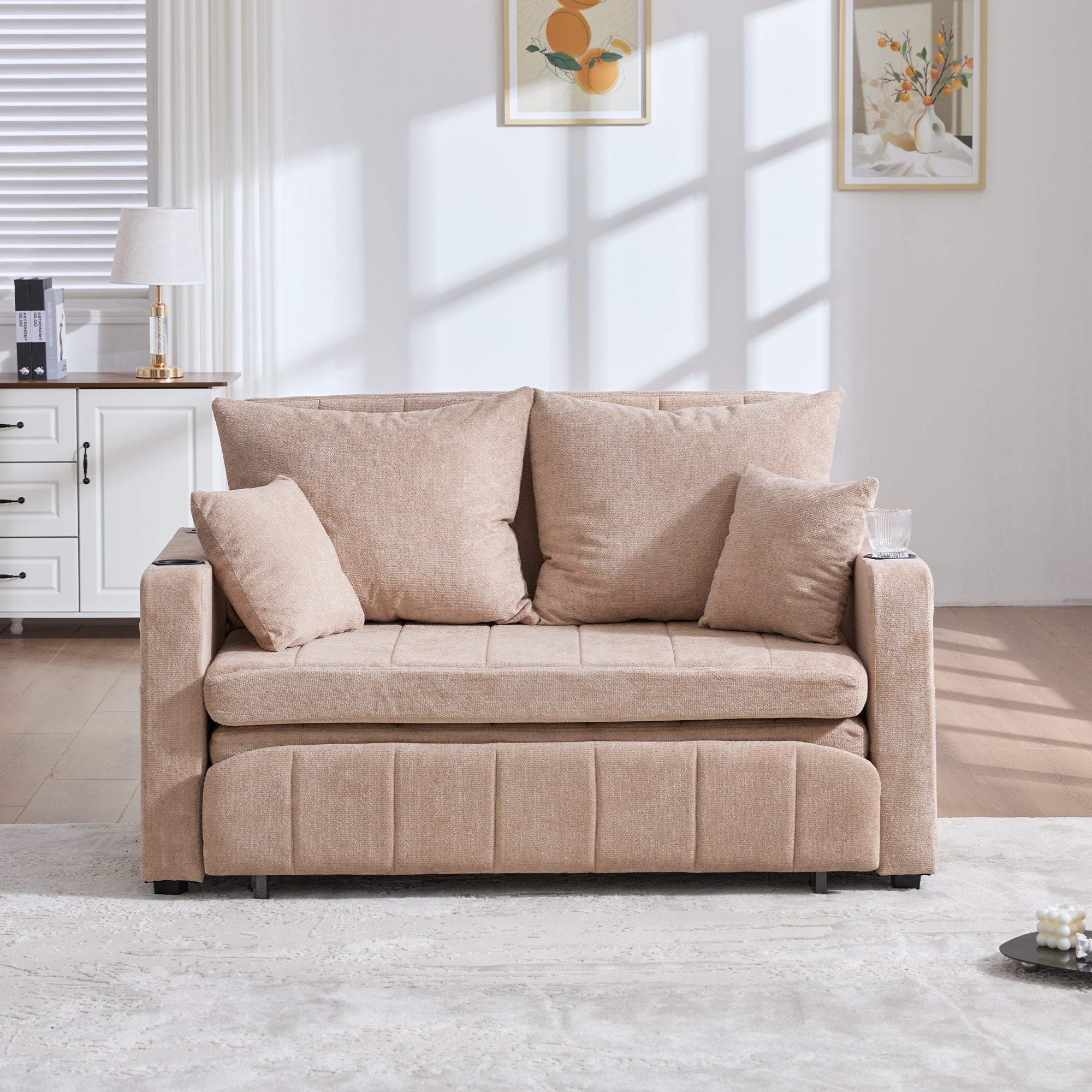 Multifunctional Sofa, Folding Pull-Out with Storage & USB, Fabric