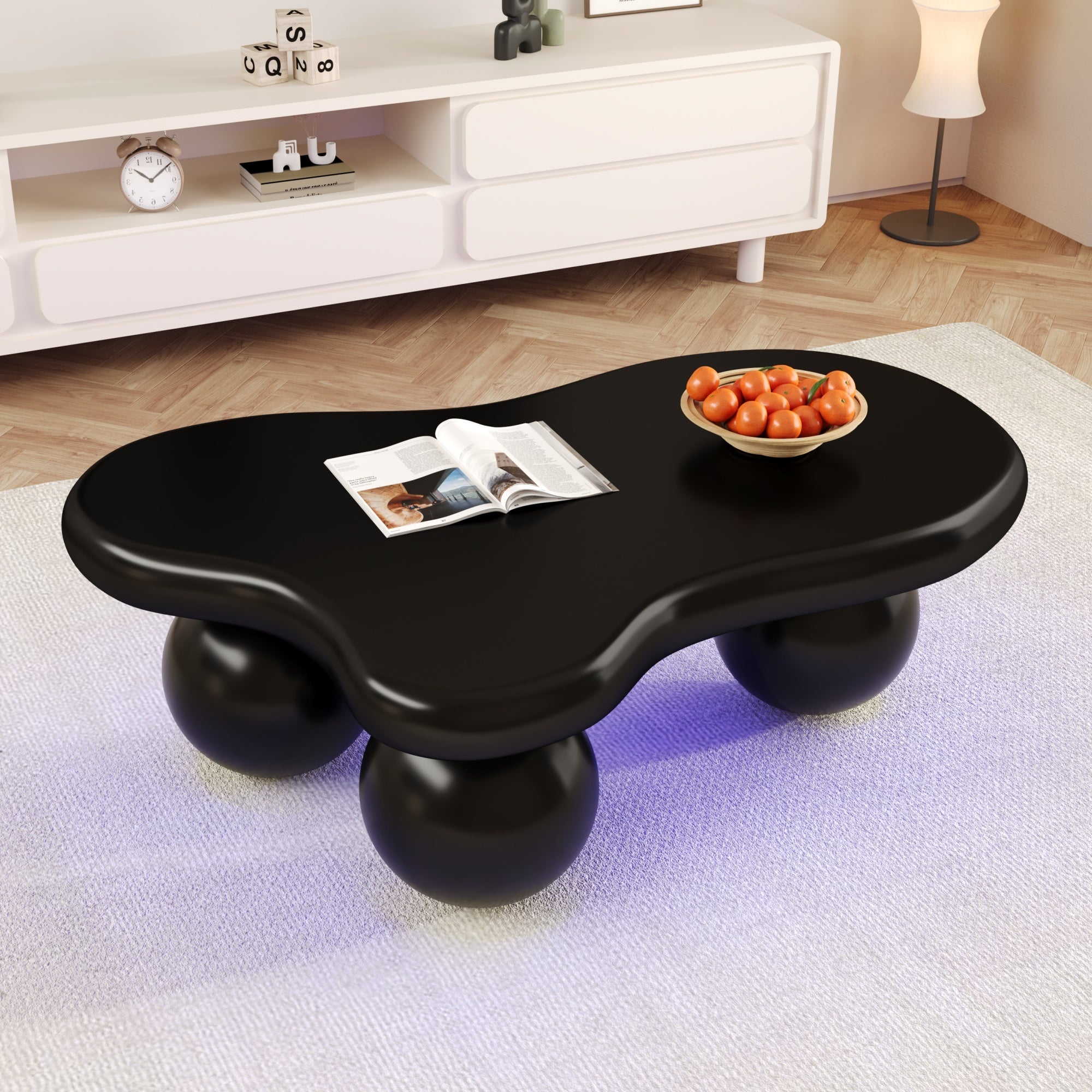 Coffee Table, Cloud-Shaped with LED Lighting & Round Legs, Black