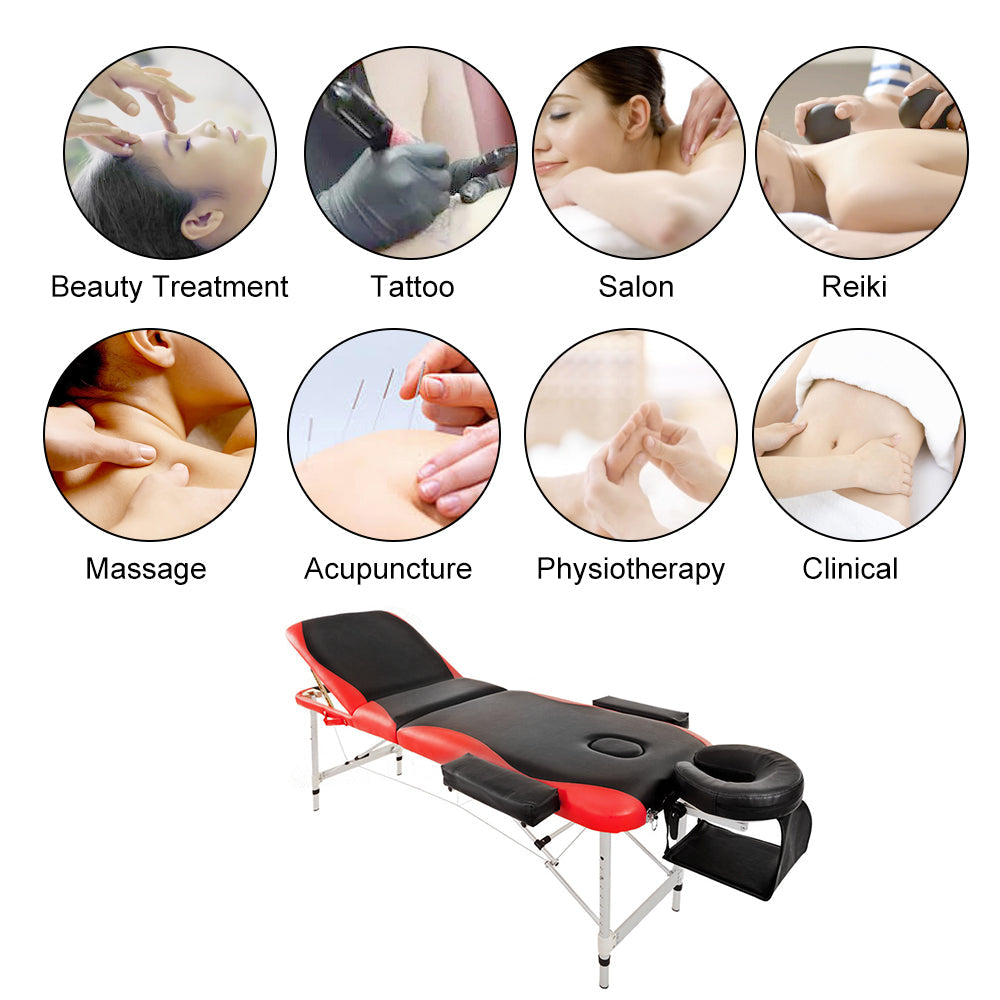 Massage Table Couch Bed Aluminium Deluxe Lightweight Professional Beauty Tattoo Spa 3 Section with Premium PU Leather and 5 cm High Density Multi-Layer Foam Headrest Arm support and Carrying Bag, Red