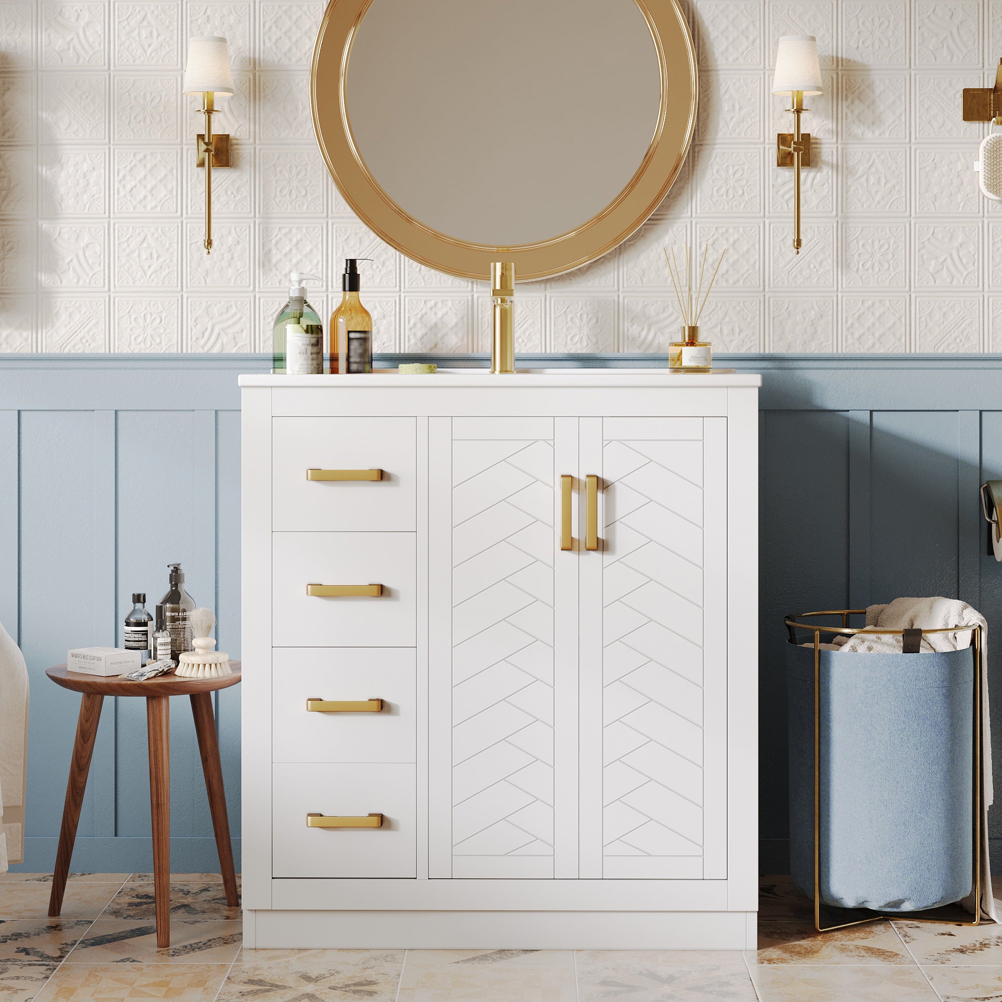 Bathroom Vanity Unit with Ceramic Sink and 3 Drawers, White