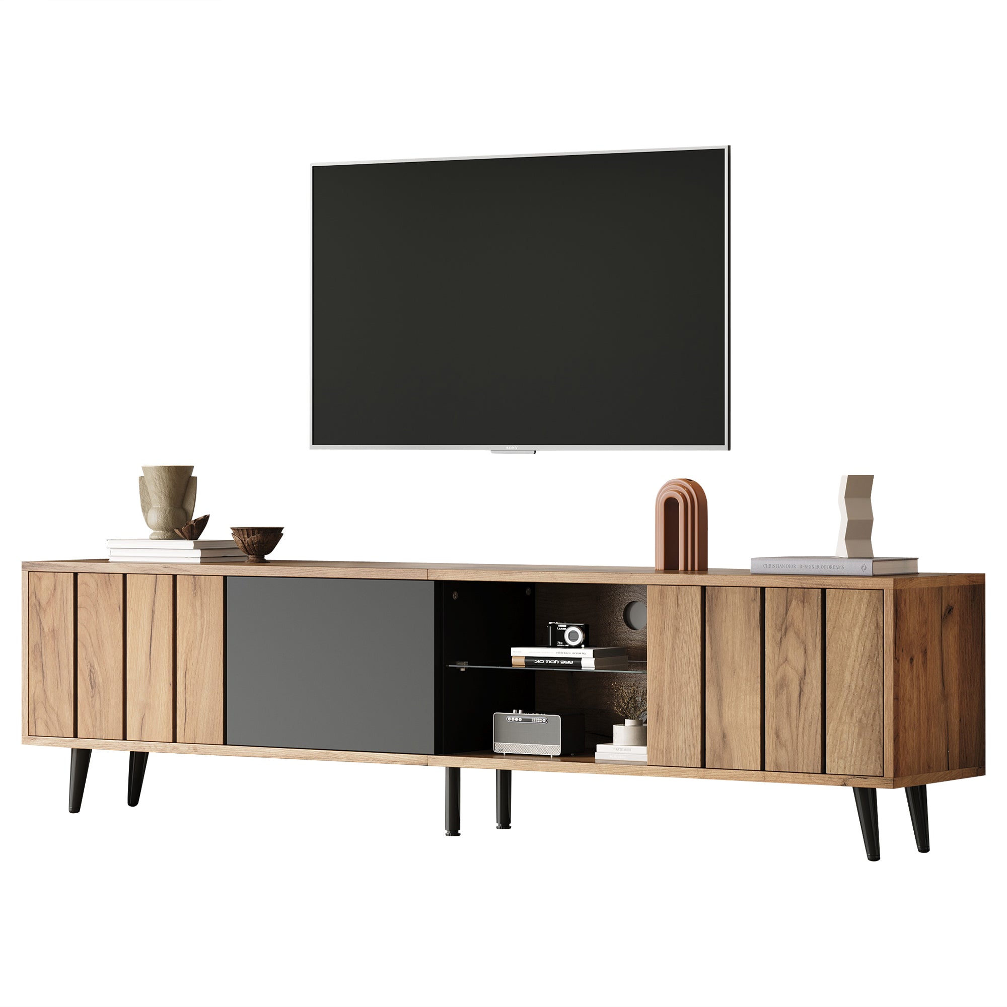 Lowboard TV Cabinet 175x31.5x45cm for 75-inch TVs with 3 Cabinets Wood Black