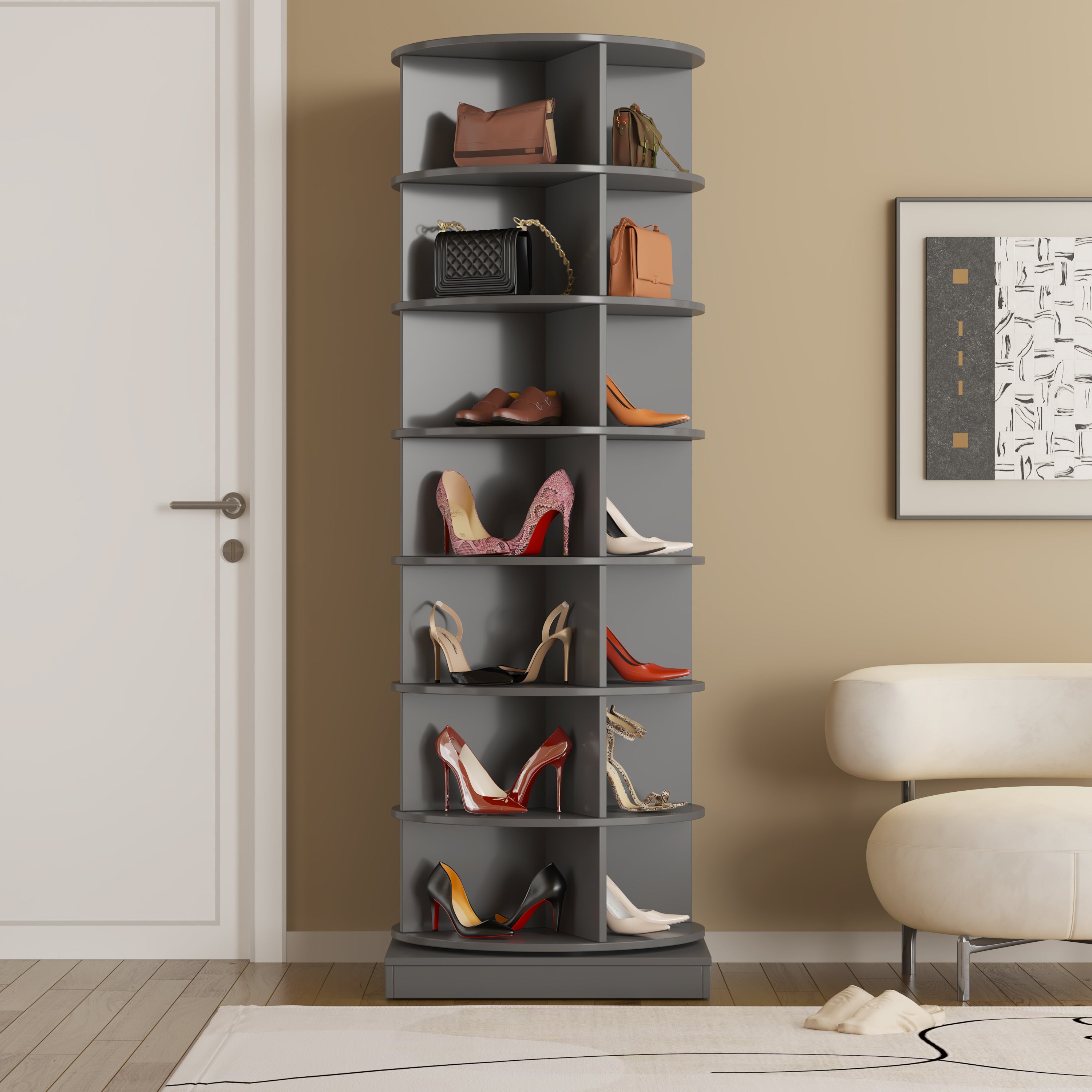 360° Rotating Shoe Cabinet, 7 Shelves, Holds 28 Pairs, Grey