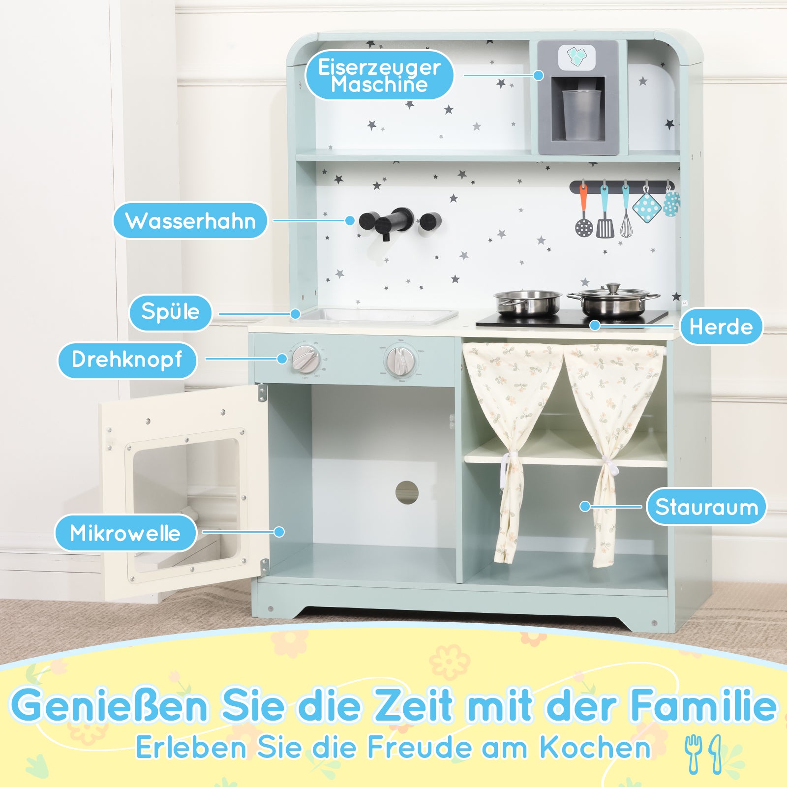 Children's Play Kitchen with Ice Maker and Microwave, Wood and Plastic, Blue
